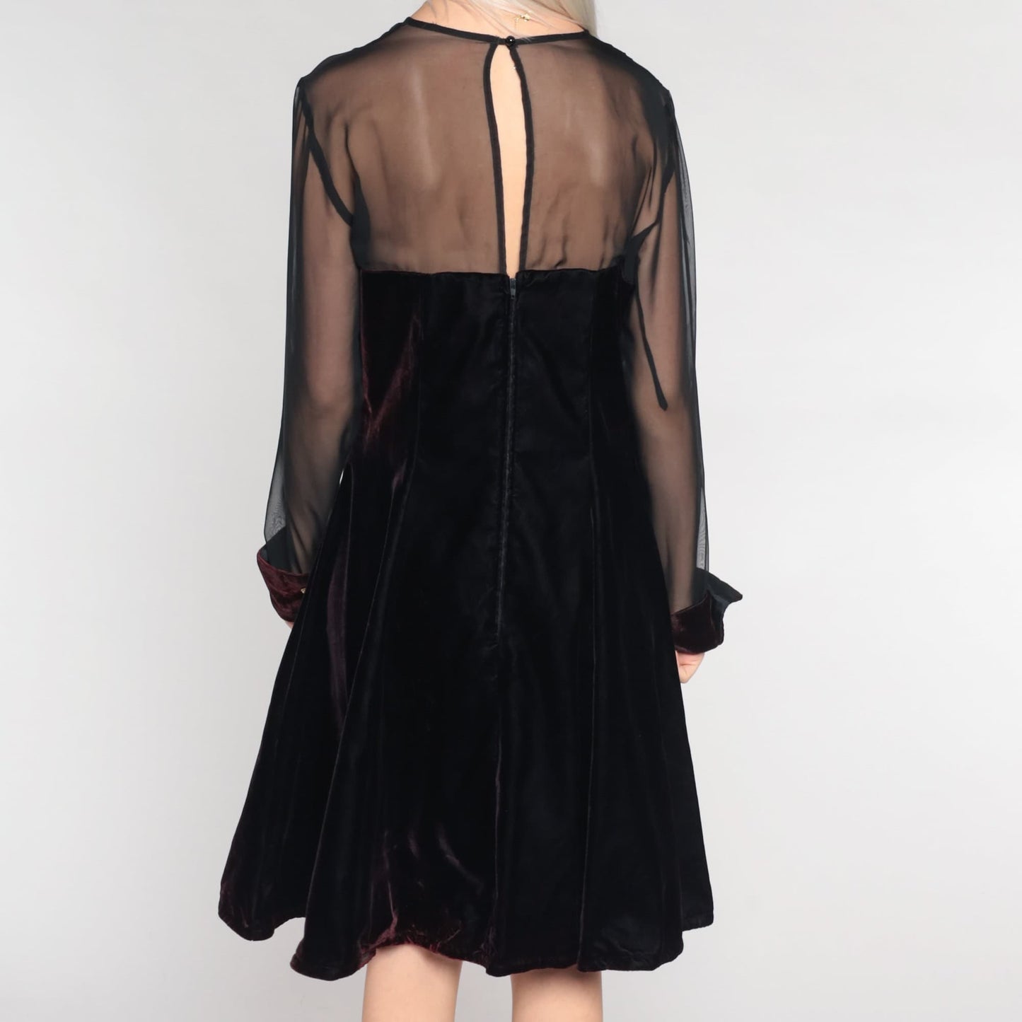 90s Black Velvet Mini Dress Illusion Neckline Long Sleeve Party Large
