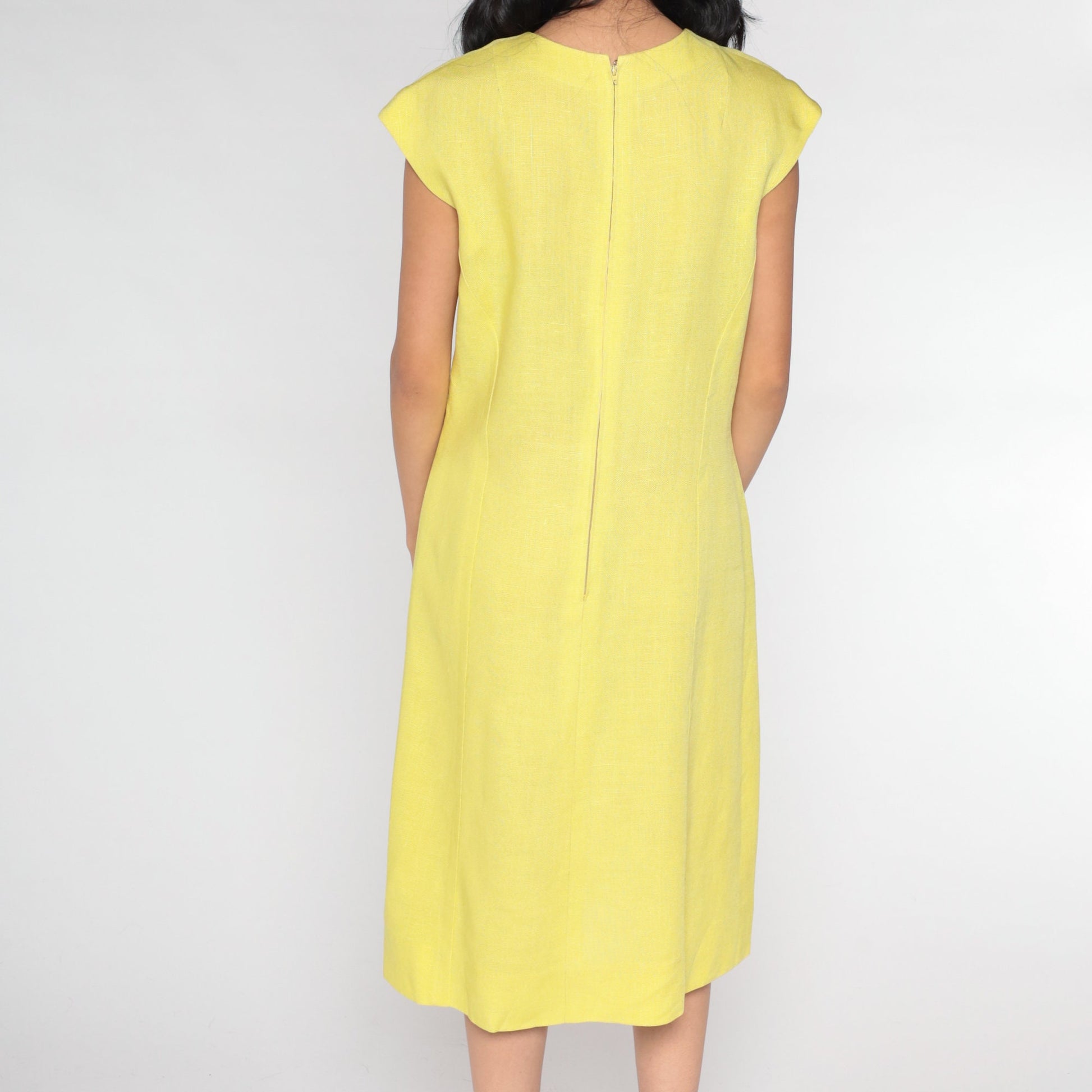 1960s Yellow Linen Shift Dress Cap Sleeve Knee Length Medium