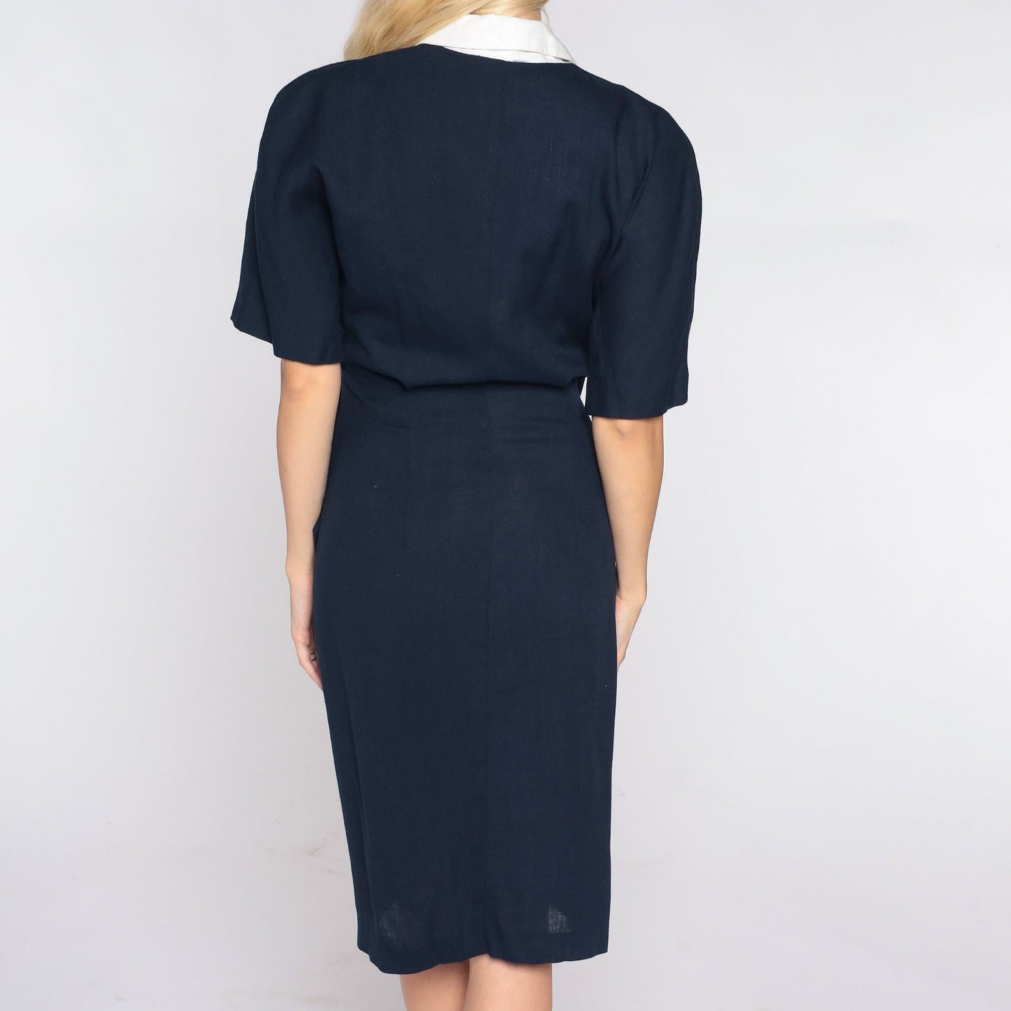 90s Navy Wrap Dress White Collar Mini Buckle Pencil Small