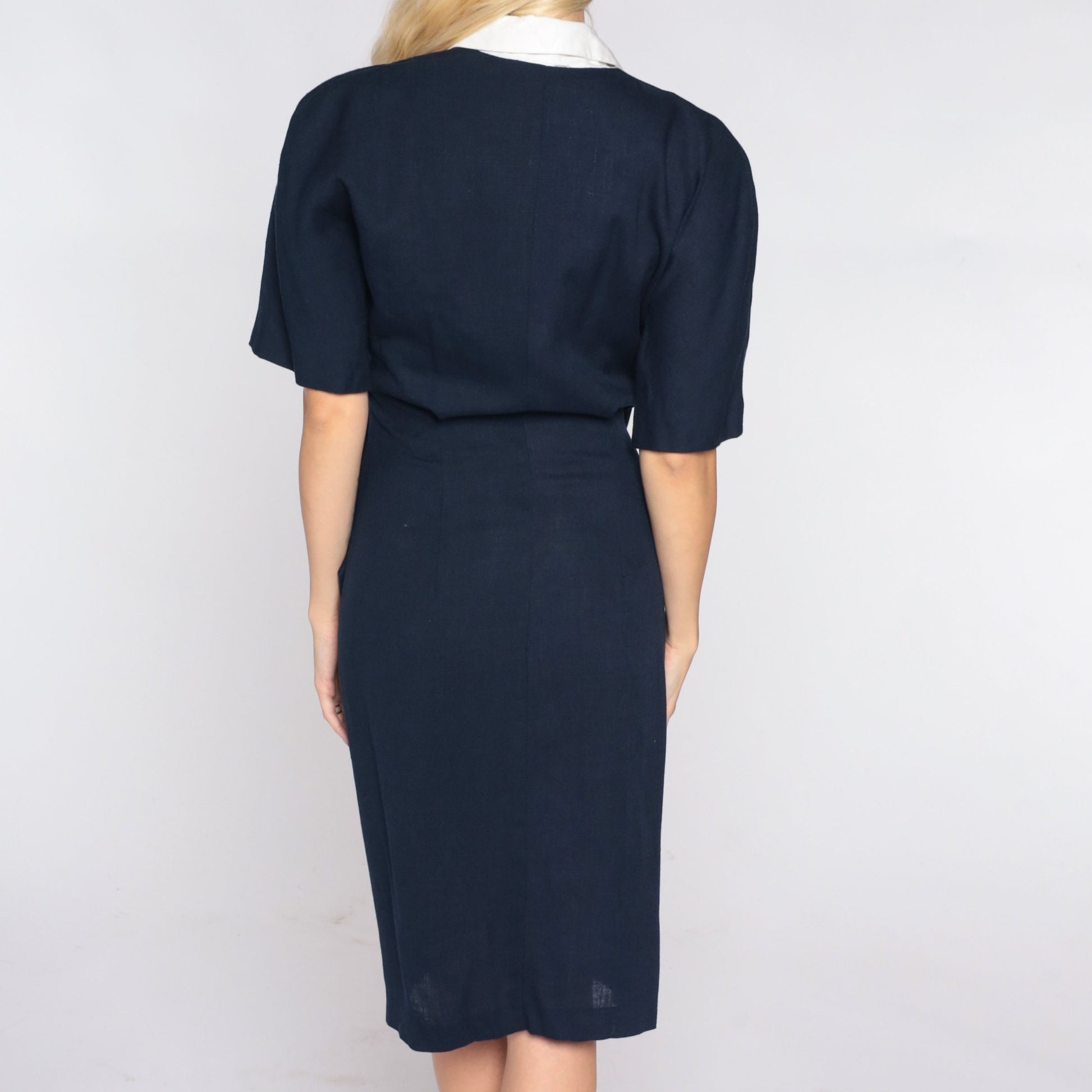 90s Navy Wrap Dress White Collar Mini Buckle Pencil Small