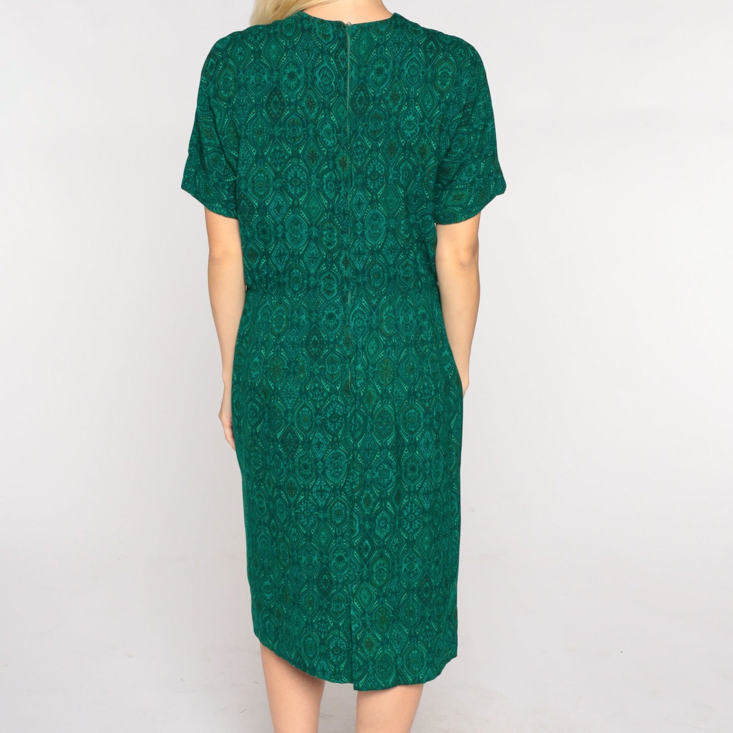 60s Green Tile Print Shift Dress Knee Length Short Sleeve Small