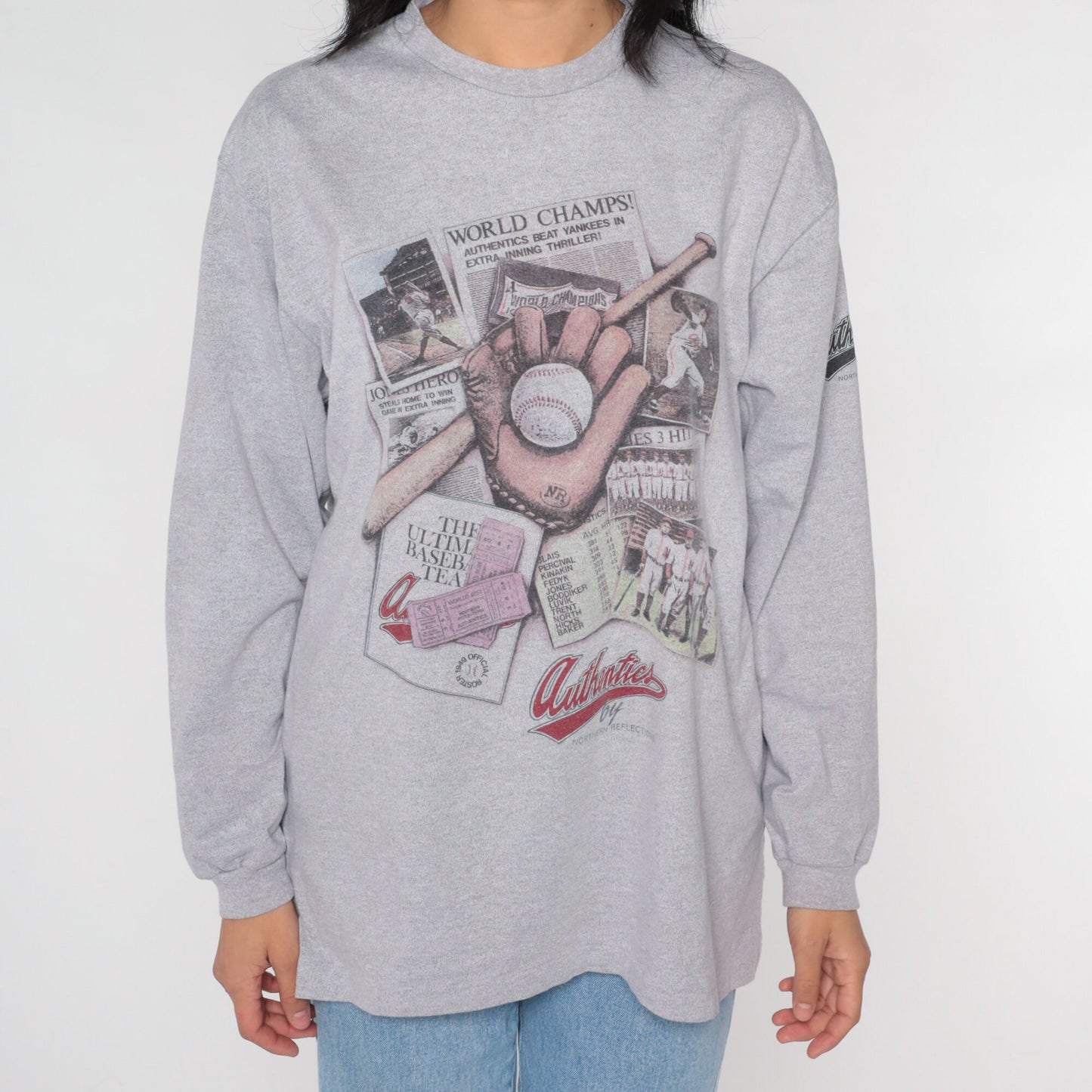90s Northern Reflections Baseball Long Sleeve T-Shirt Grey Graphic Large
