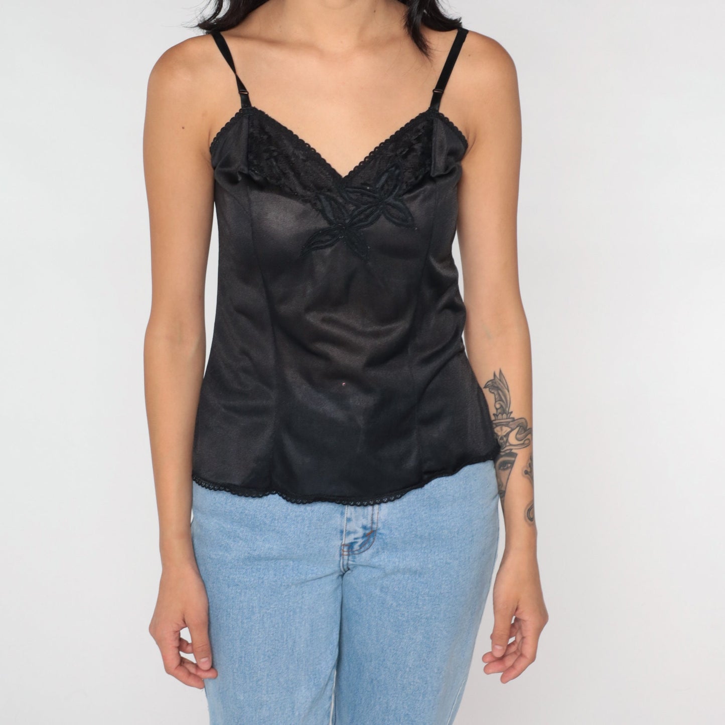 70s Black Camisole Lace Trim Nylon Cami Lingerie Top Small