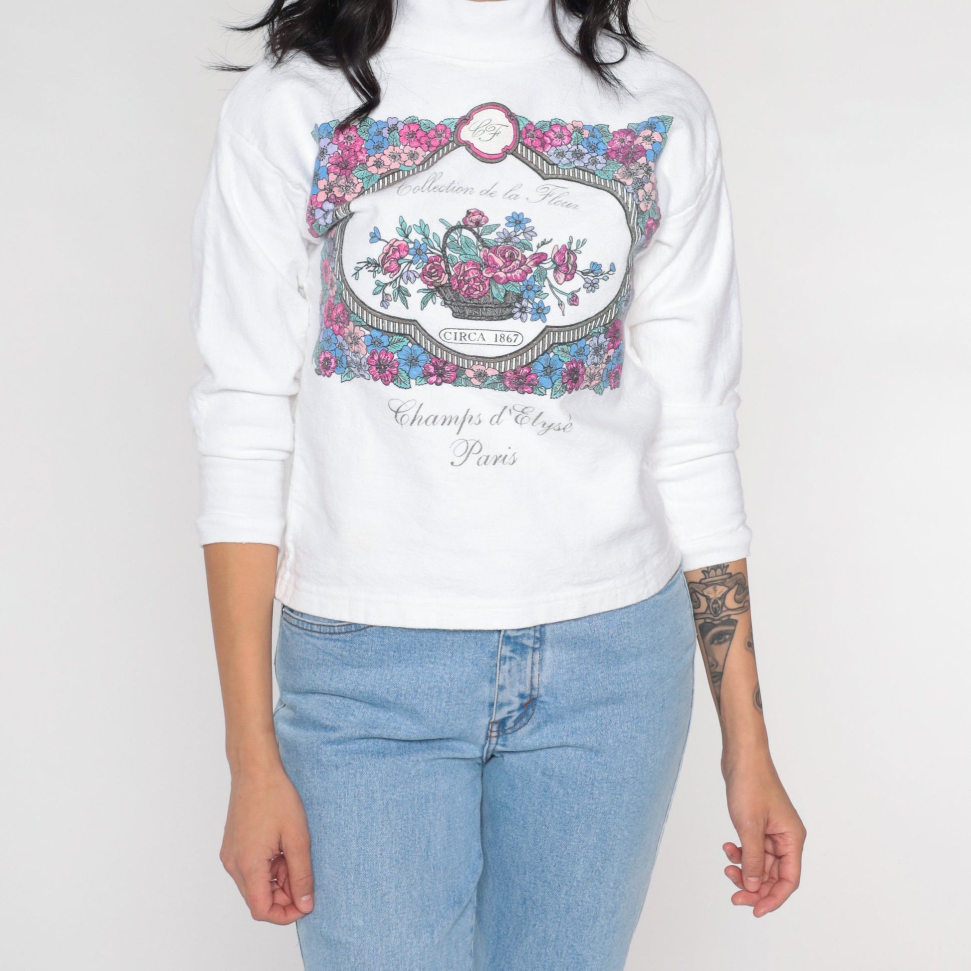 90s Paris Champs d'Élysées Floral Turtleneck White Long Sleeve Top Small S