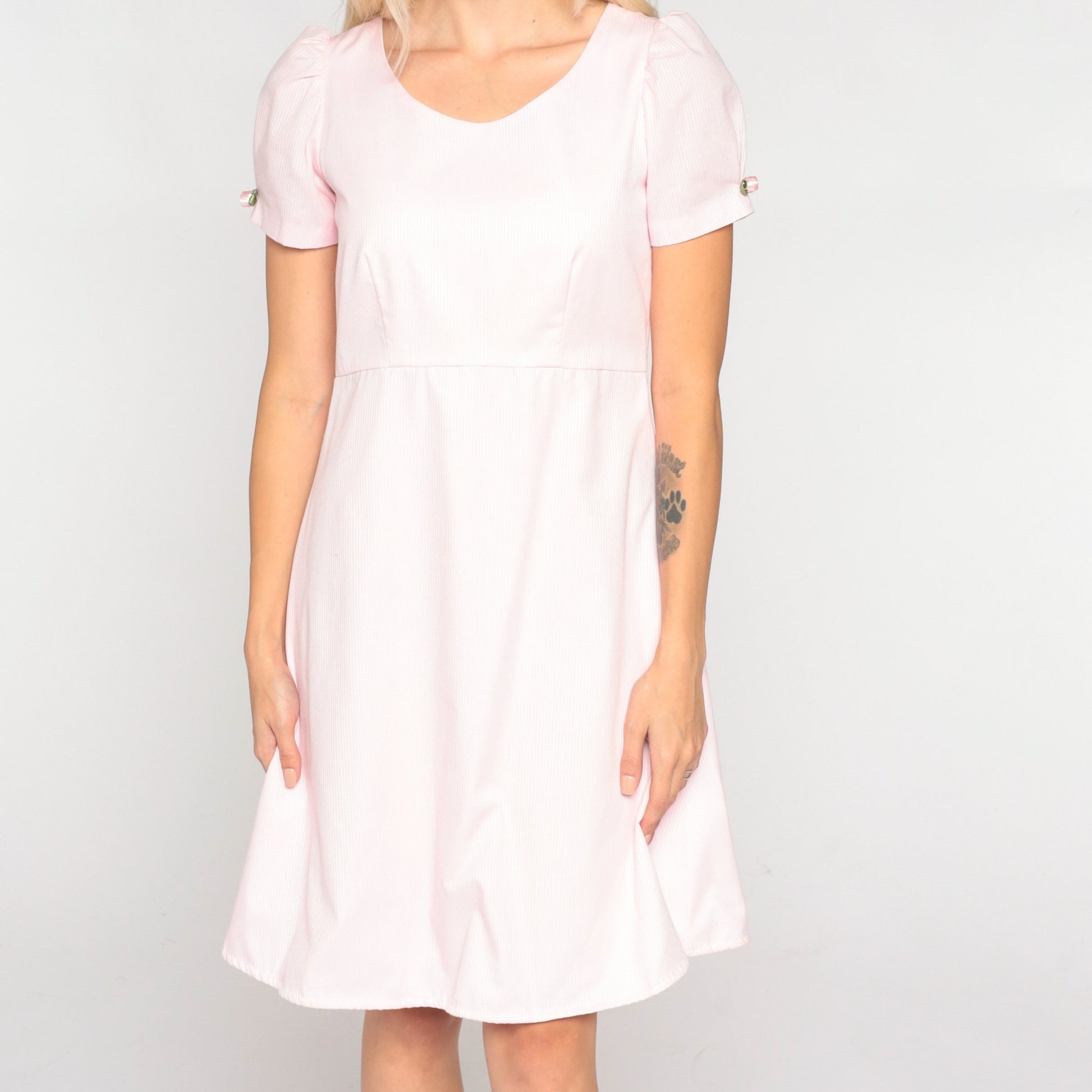 80s Baby Pink Mini Dress Empire Waist Puff Sleeve Rosette Extra Small