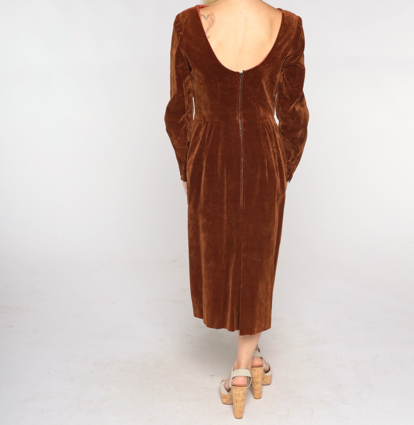 60s Brown Velvet Midi Dress Long Sleeve High Waist Low Back Small