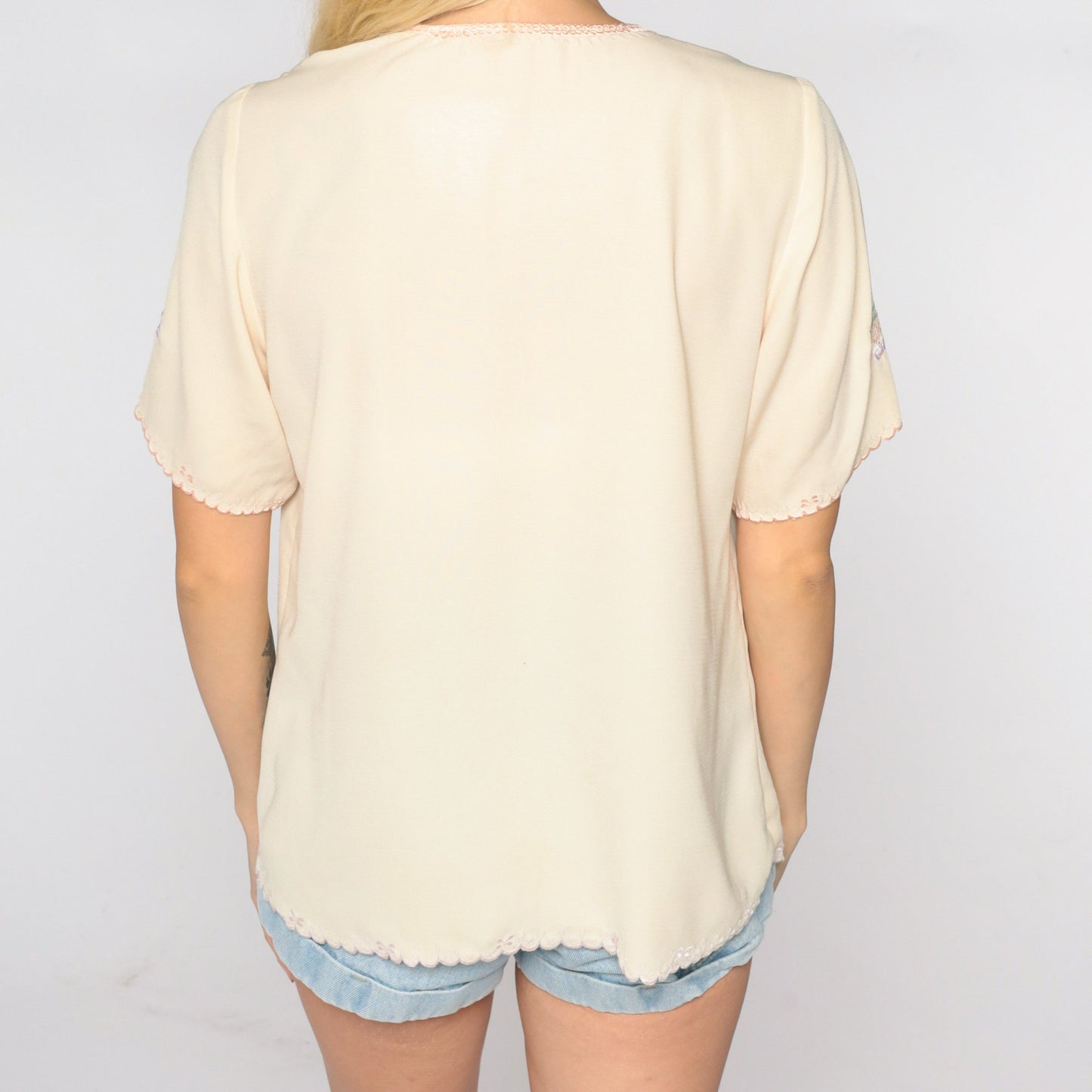 80s Yellow Floral Embroidered Cutwork Button-Up Blouse Short Sleeve Medium