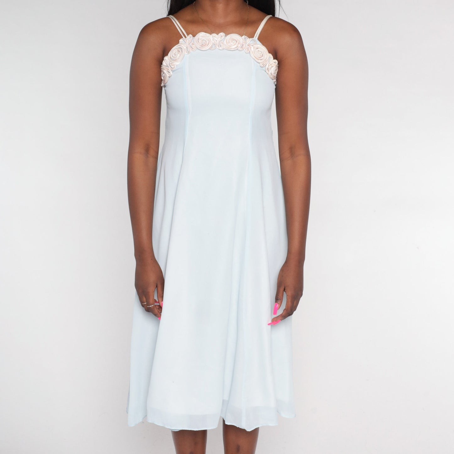 90s Pale Blue Midi Dress Pearl Beaded Rosette Neckline Sleeveless Extra Small