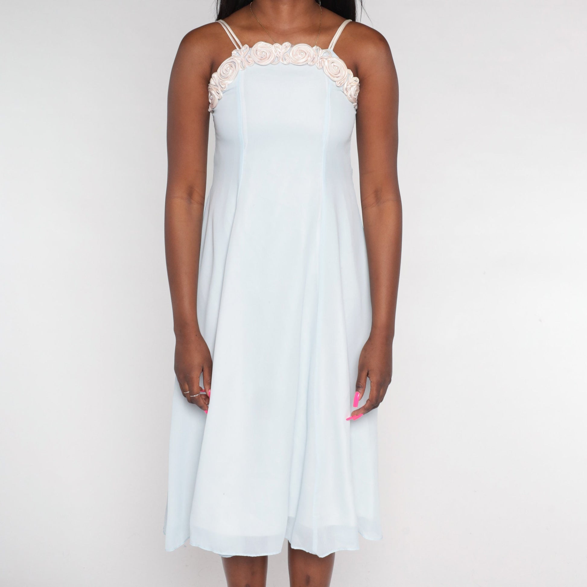 90s Pale Blue Midi Dress Pearl Beaded Rosette Neckline Sleeveless Extra Small