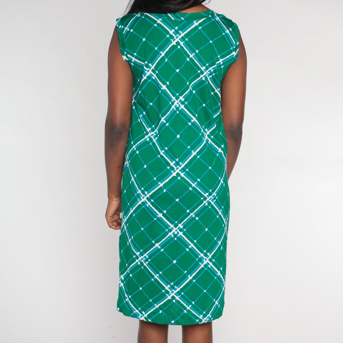 70s Green Lattice Print Shift Dress Sleeveless Mini A-Line Medium