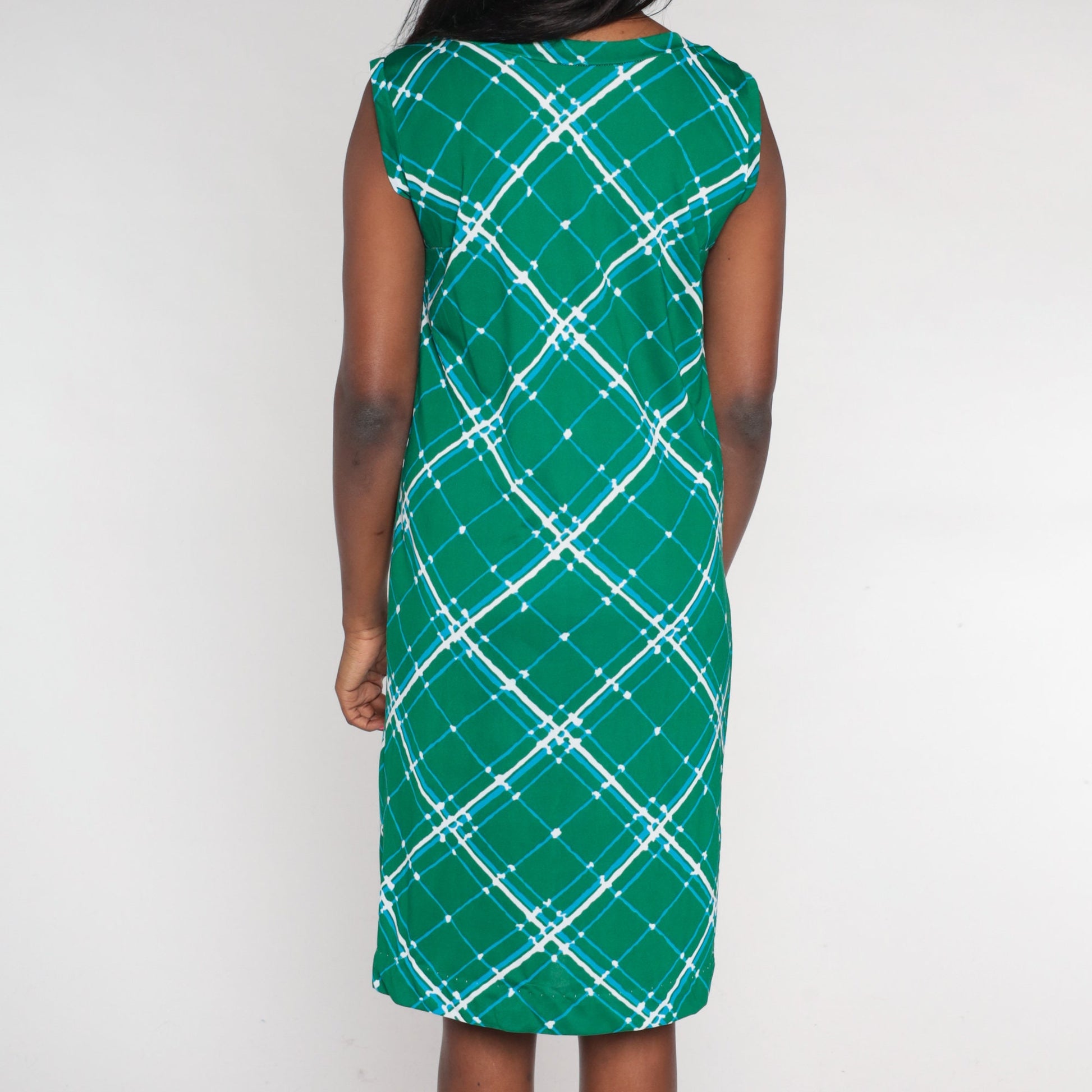 70s Green Lattice Print Shift Dress Sleeveless Mini A-Line Medium