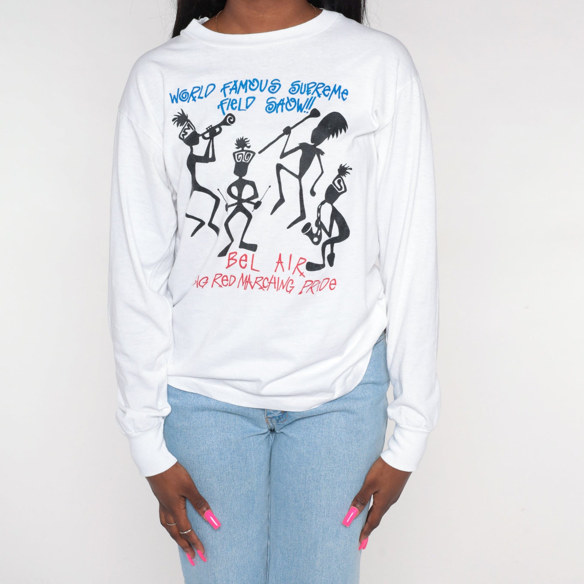 90s Bel Air Marching Band Long Sleeve Graphic Tee White Medium
