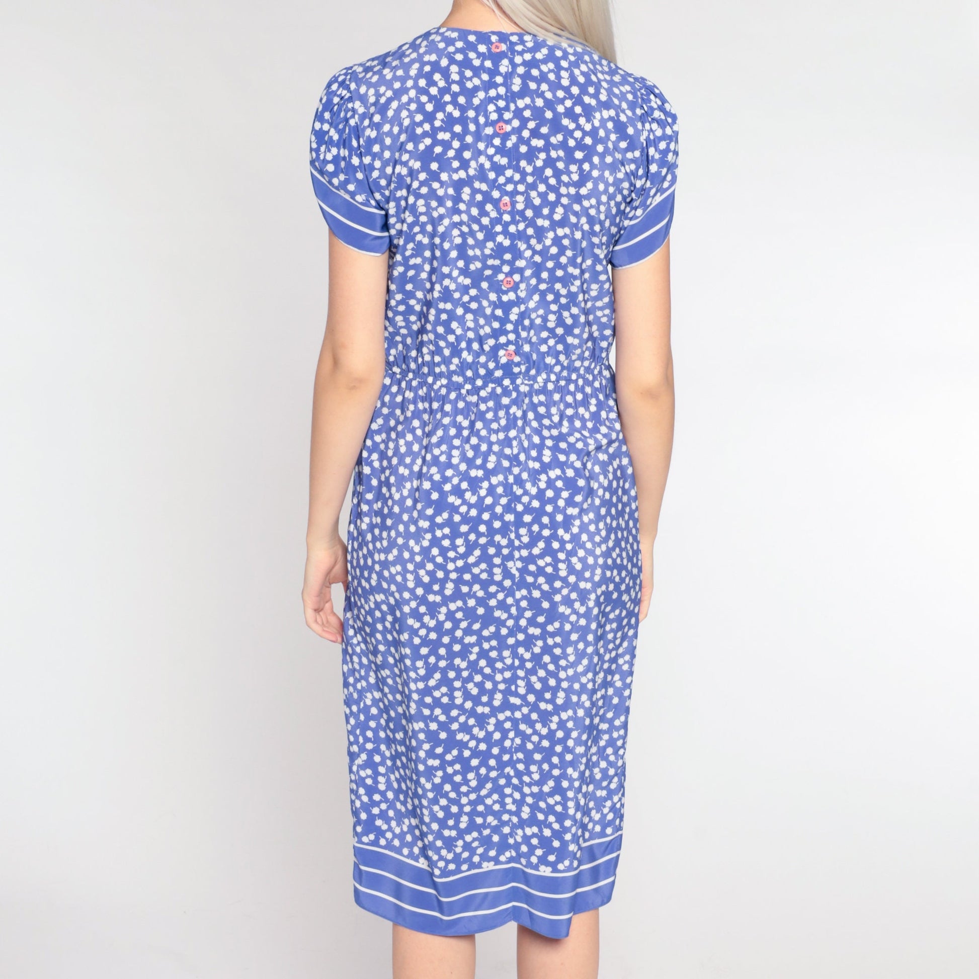 80s Purple Floral Midi Dress Tulip Puff Sleeve High Waist Extra Small