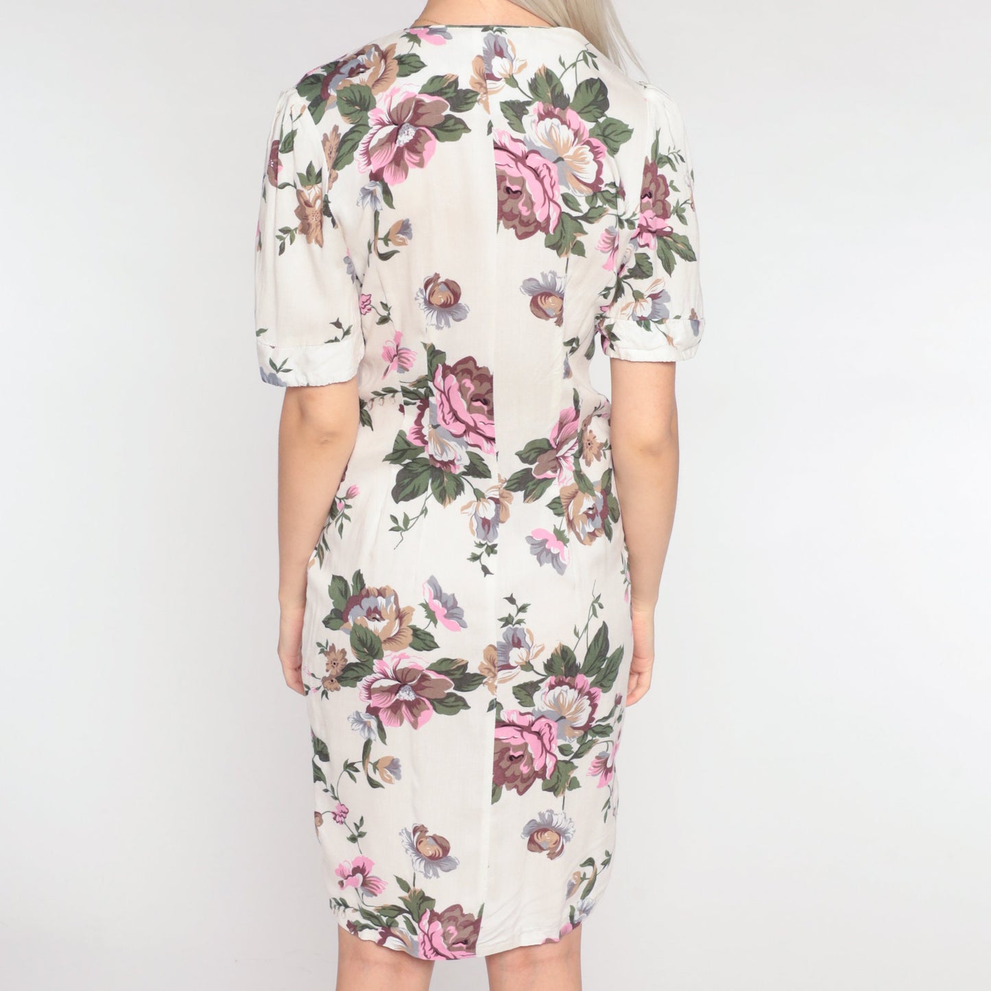 90s White Floral Mini Dress Button-Up Sheath Puff Sleeve Small S