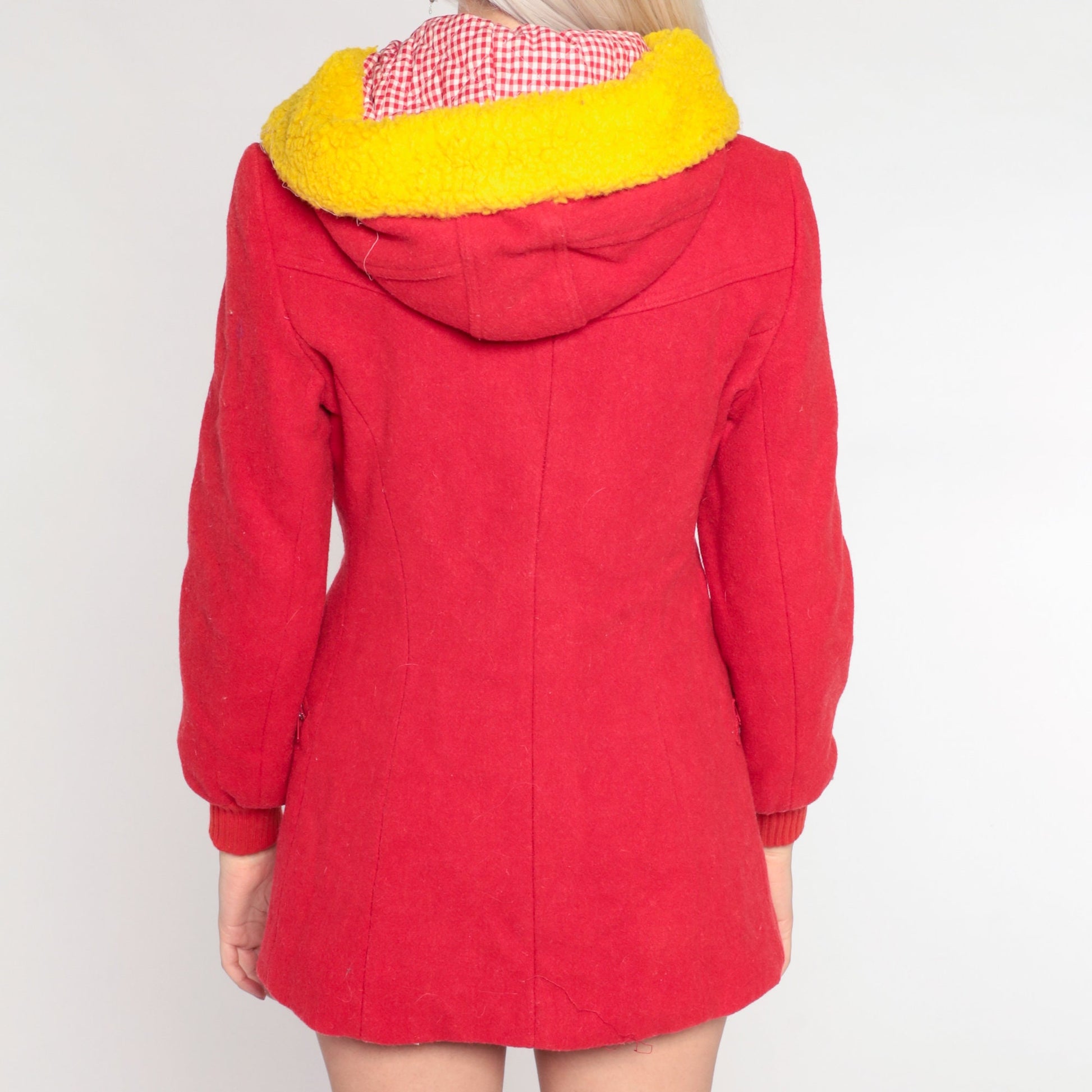 70s 80s Red Wool Blend Hooded Winter Coat Yellow Sherpa Trim Extra Small XS