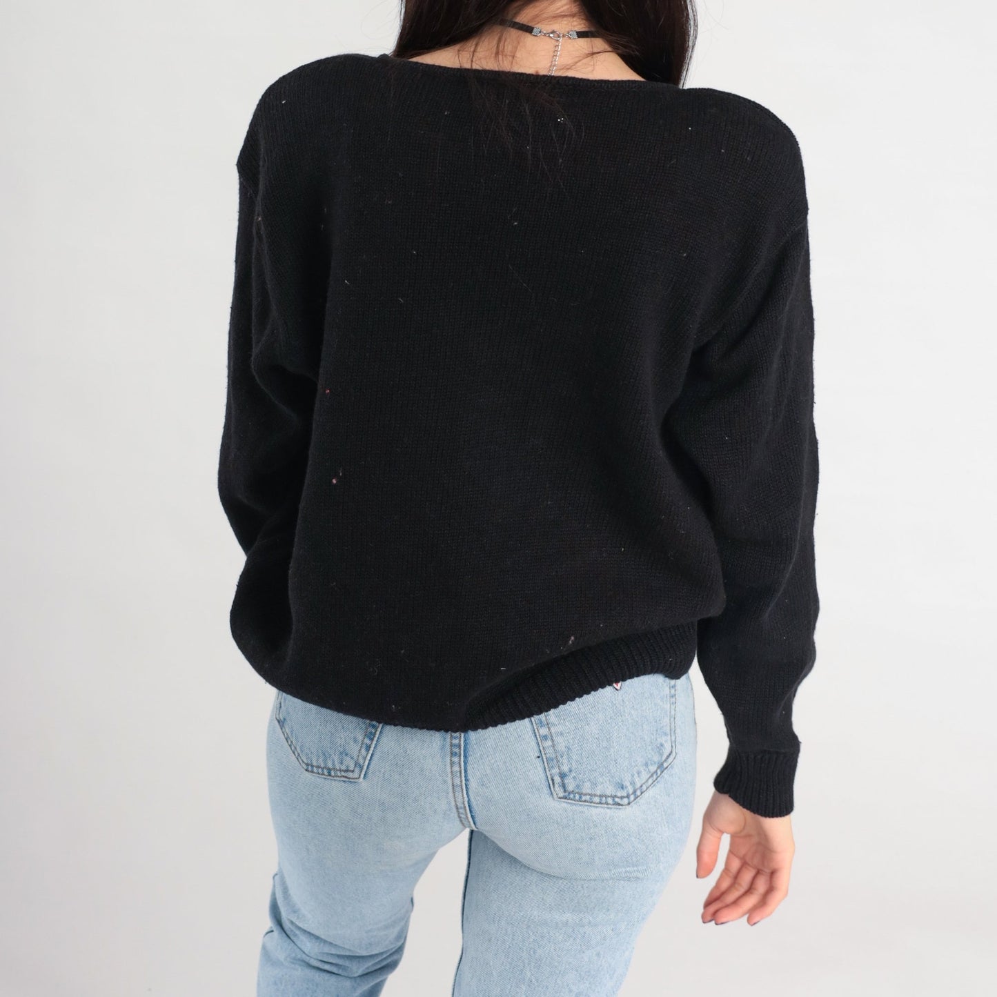 Y2K Christmas Dove Sweater Black Beaded Peace Pullover Large L