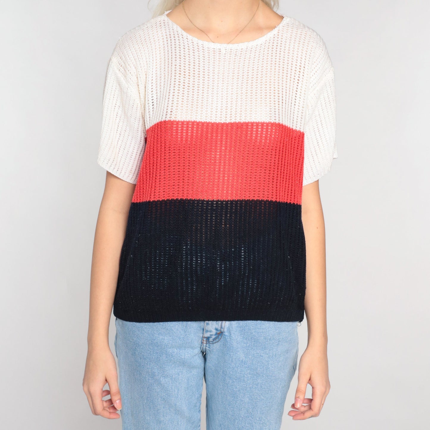 70s Striped Open Weave Knit Sweater Top Short Sleeve White Red Black Small