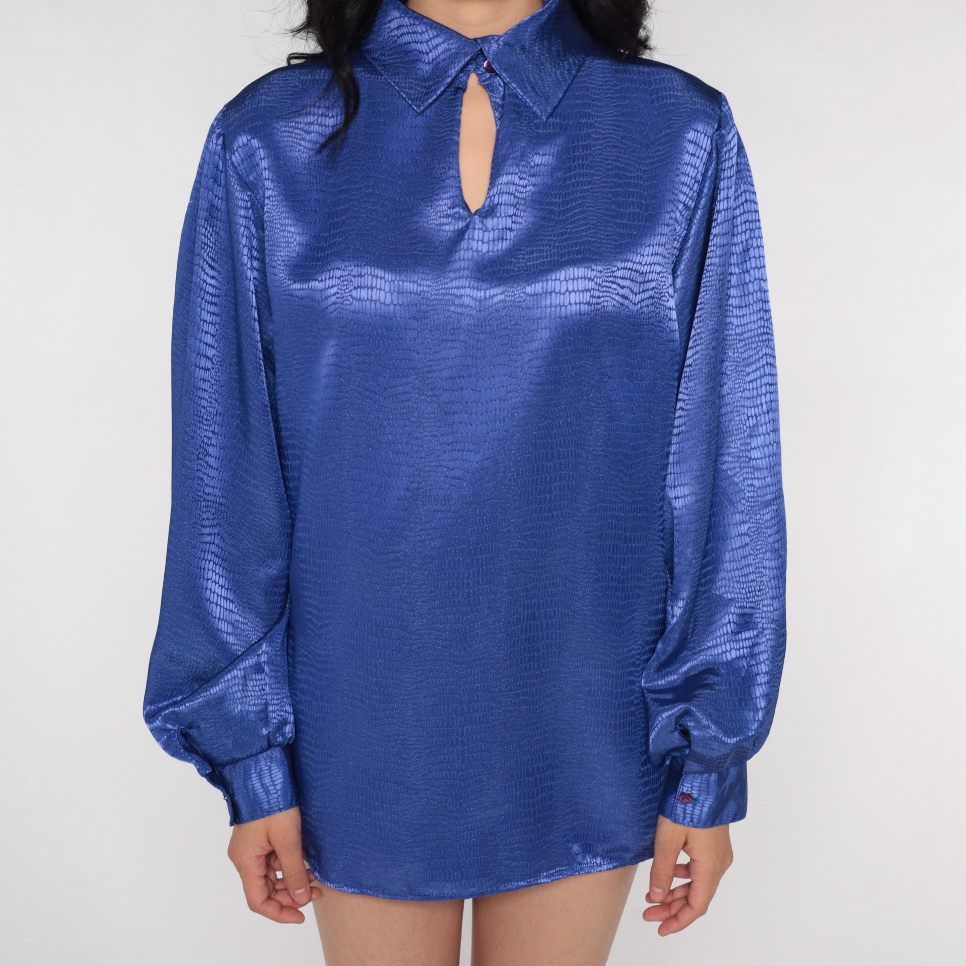 90s Purple Snakeskin Keyhole Blouse Balloon Sleeve Cutout Shirt Extra Large