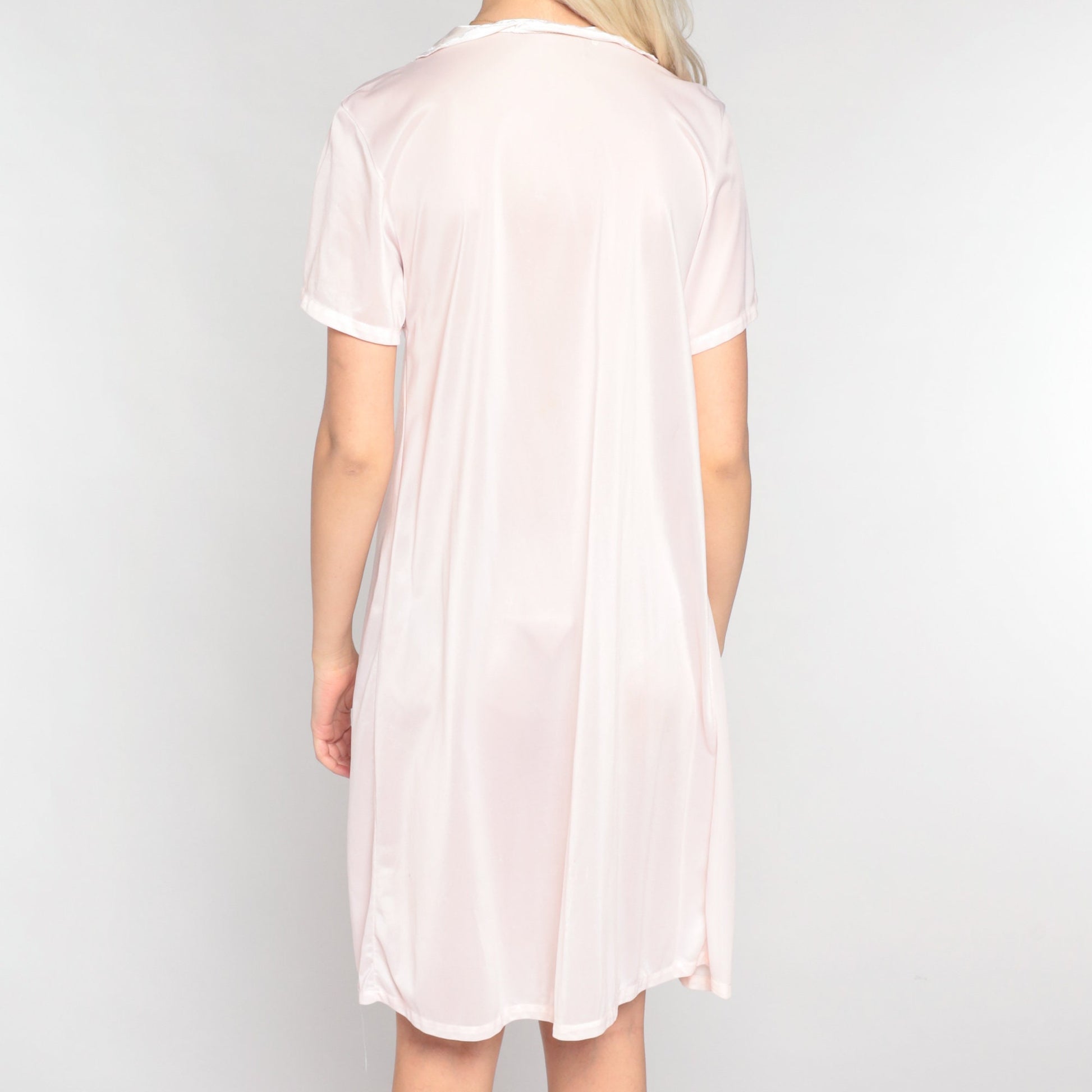 80s Pale Pink Floral Embroidered Nylon Nightgown Collared Mini Dress Medium M