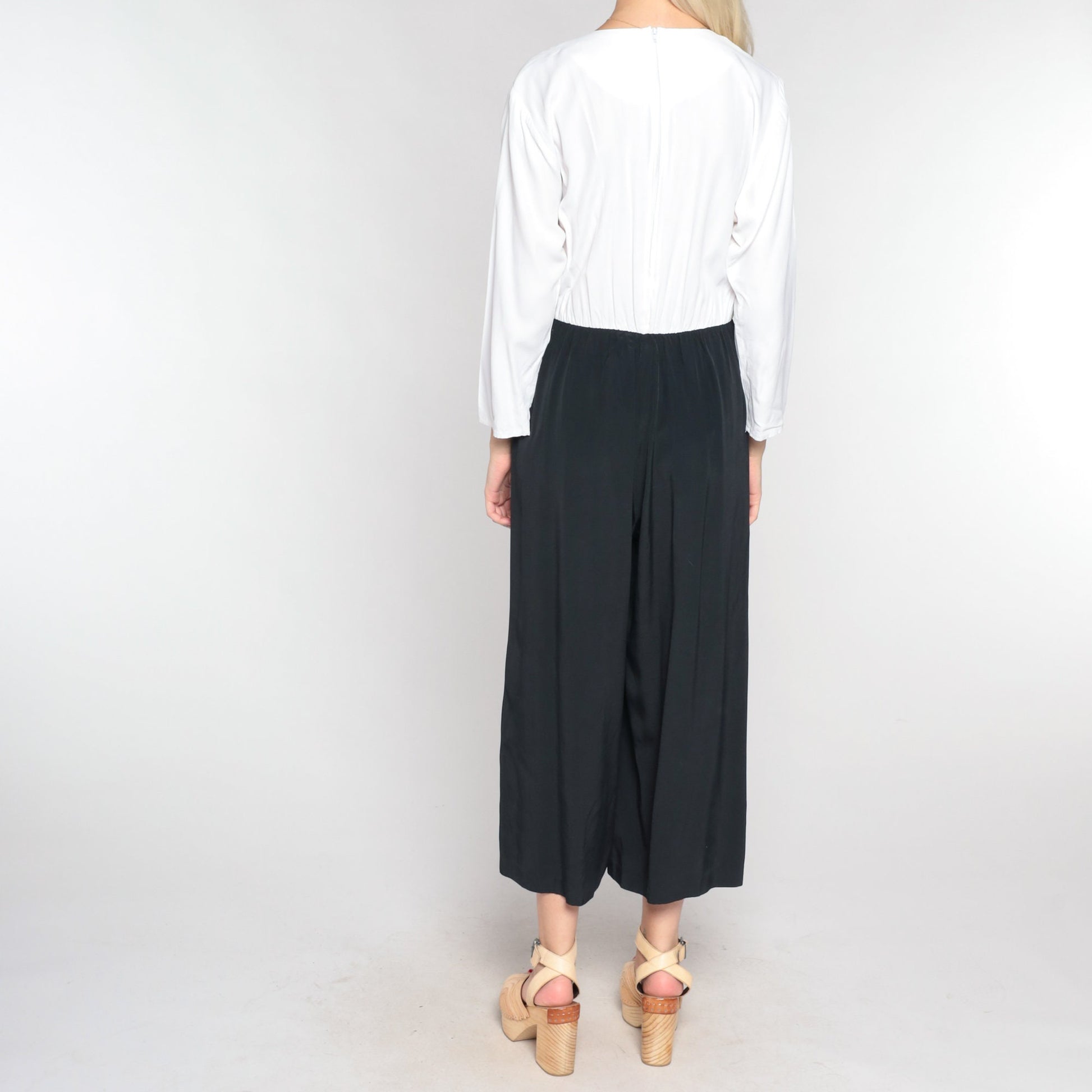 90s Black & White Wide Leg Jumpsuit Long Sleeve Rear Zip Medium