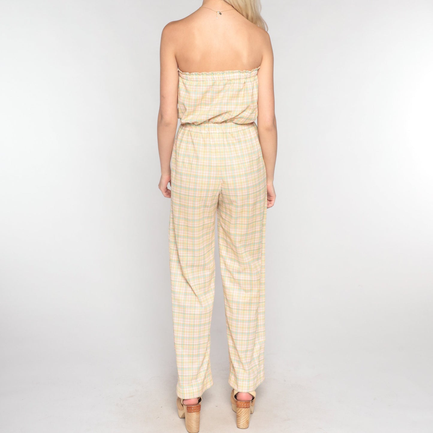 70s Plaid Strapless Jumpsuit Straight Leg High Waist White Yellow Small