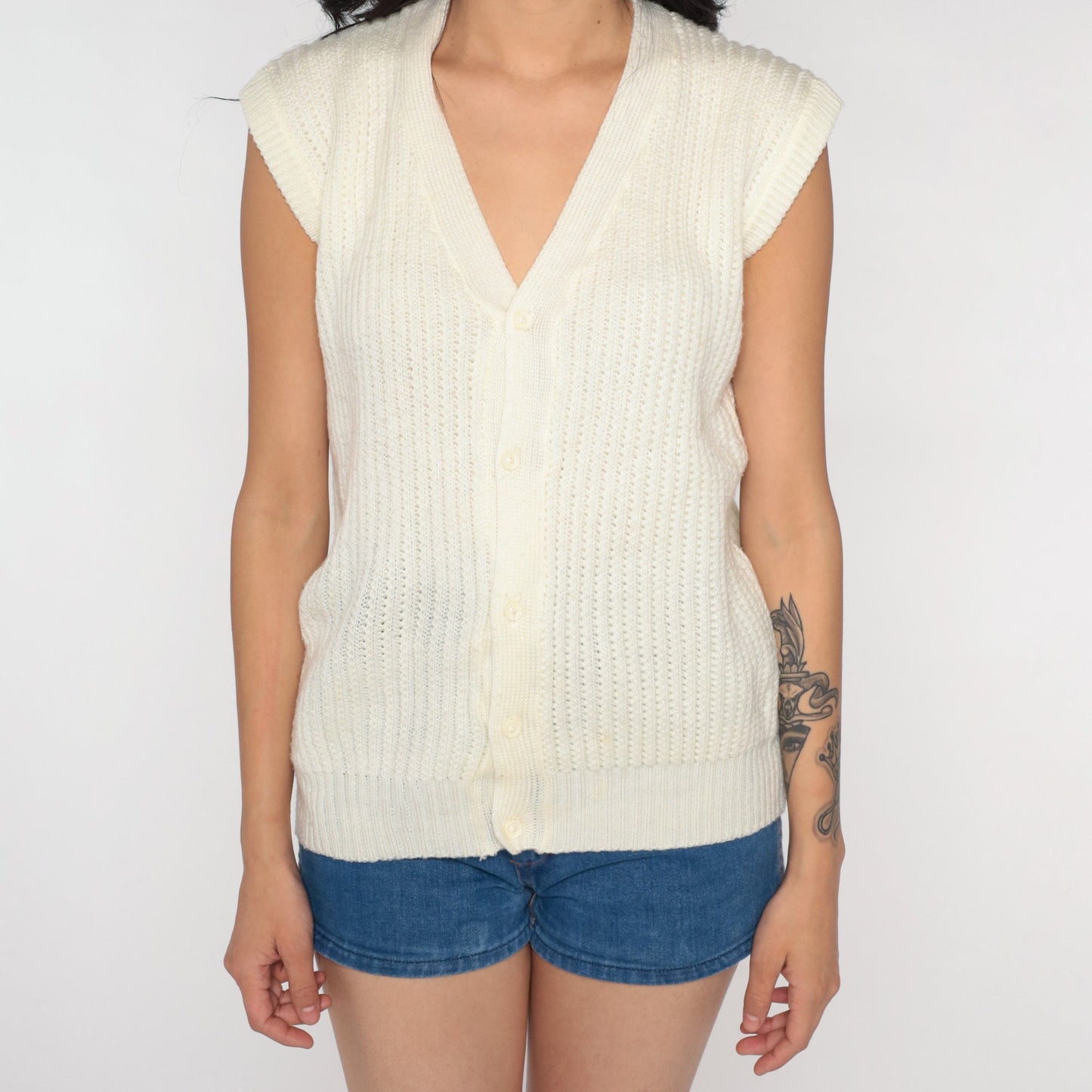 70s Cream Knit Vest Cap Sleeve Button-Up Sweater Tank Small S