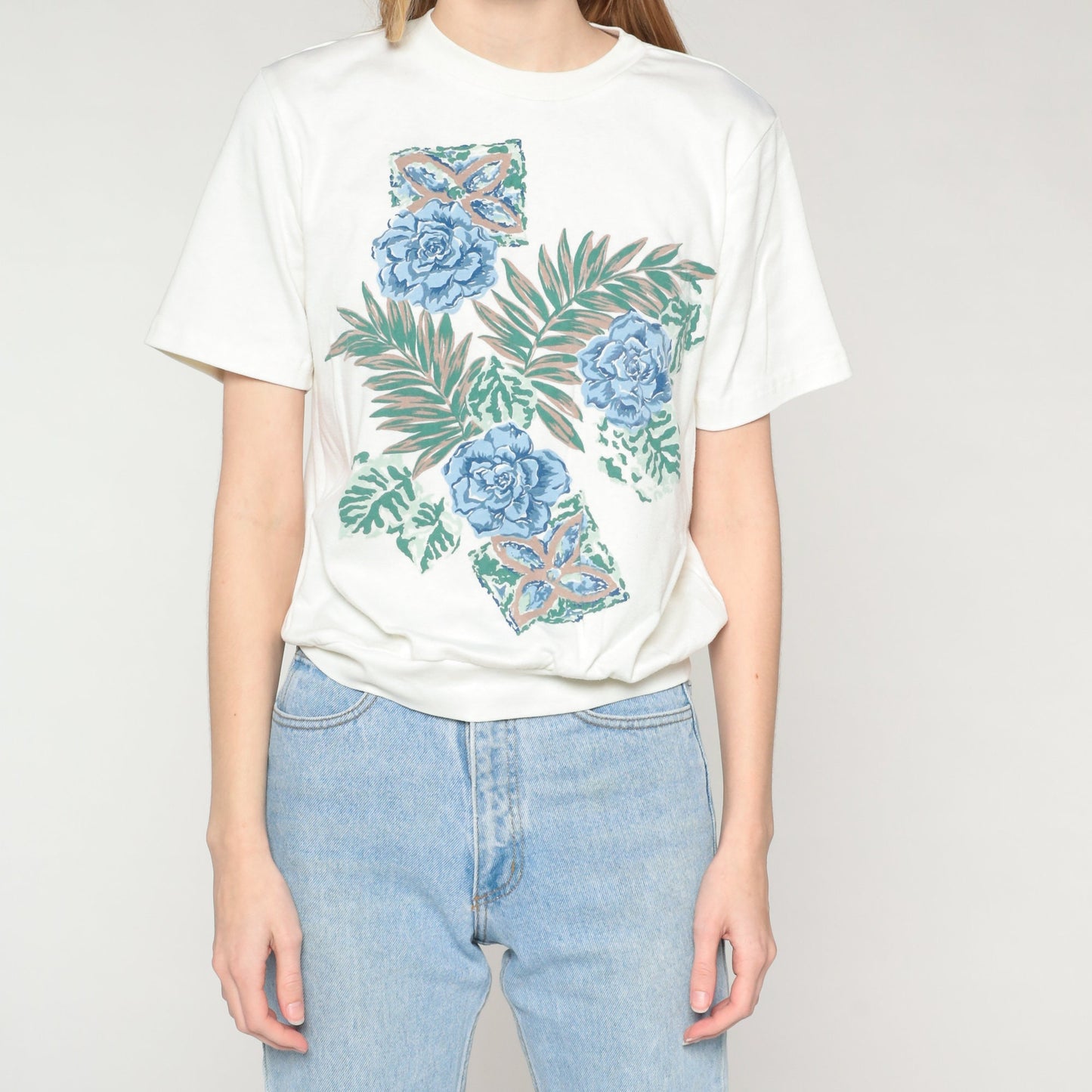 90s Floral Leaf Print T-Shirt White Banded Hem Graphic Tee Medium