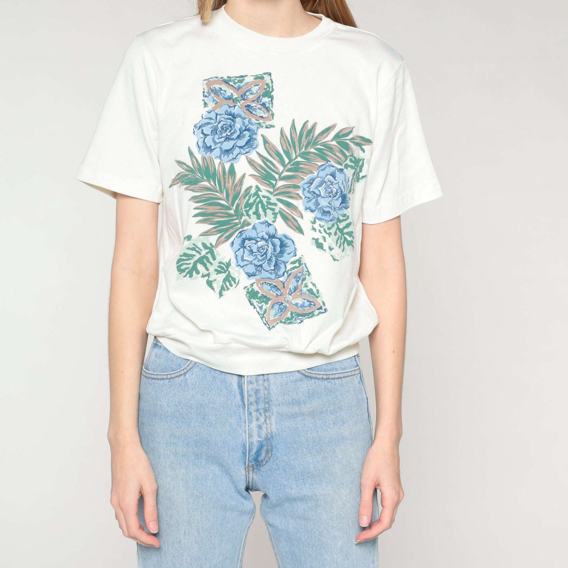 90s Floral Leaf Print T-Shirt White Banded Hem Graphic Tee Medium