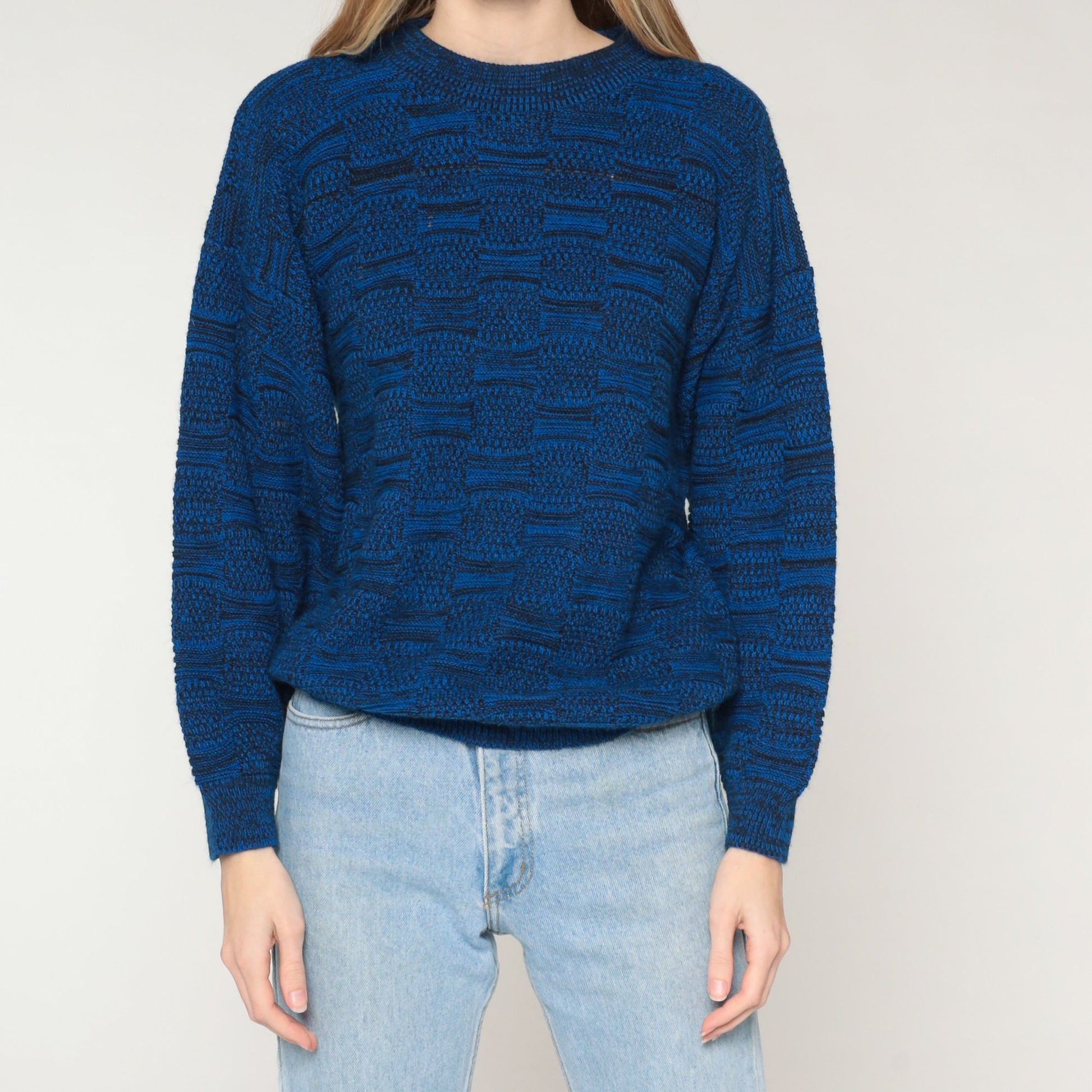 80s Blue Abstract Knit Sweater Crewneck Pullover Medium M