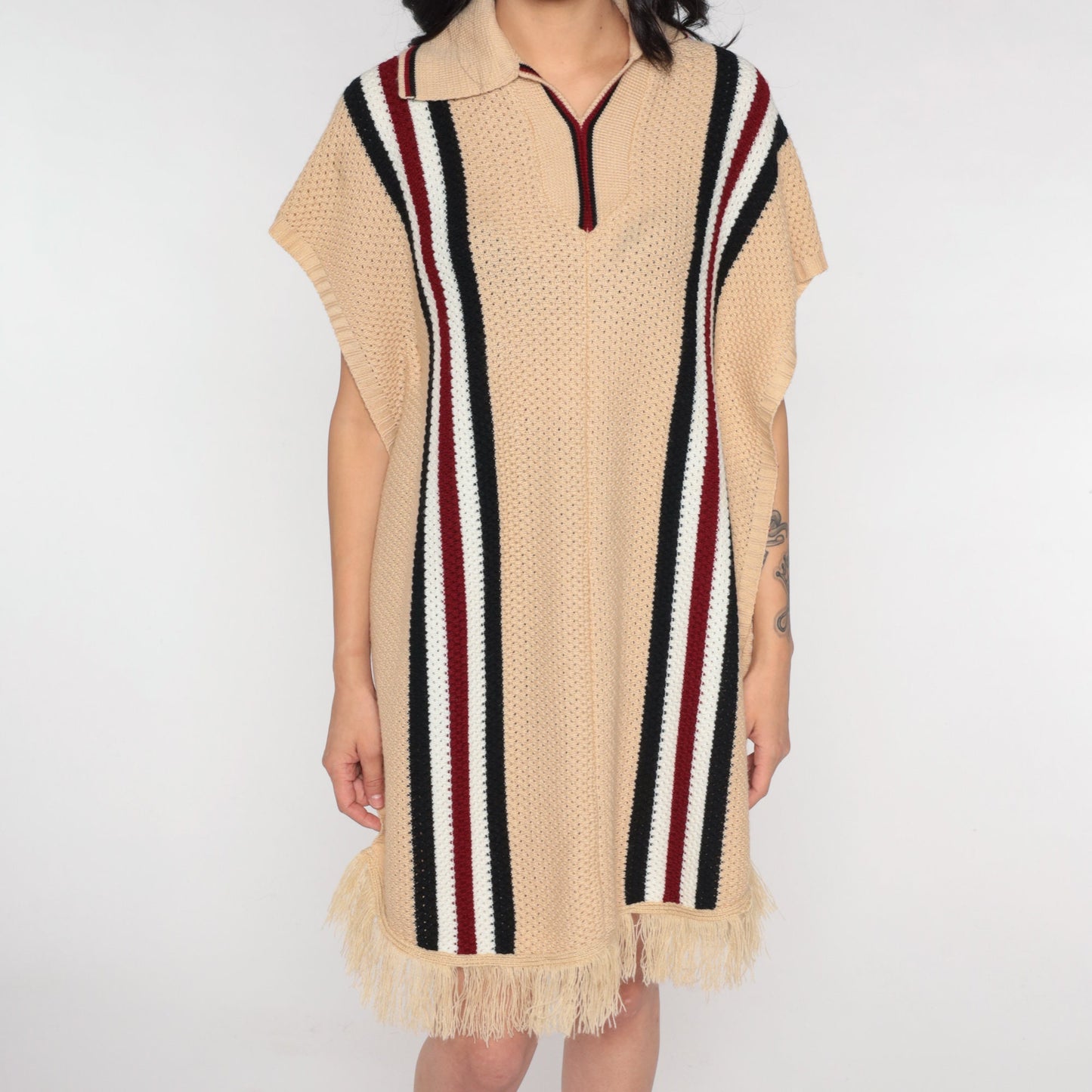 70s Tan Striped Knit Poncho Collared Fringe Shawl One Size
