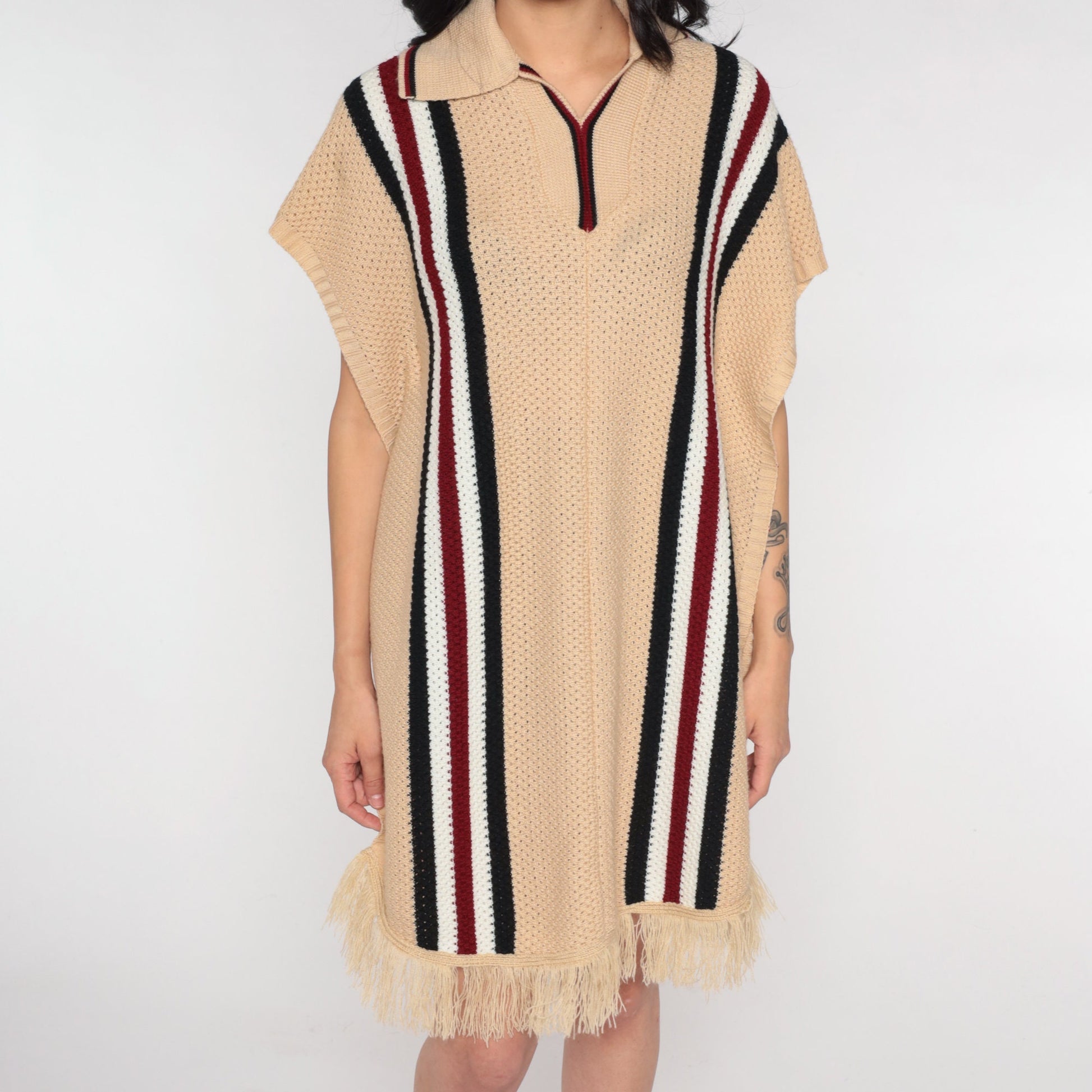 70s Tan Striped Knit Poncho Collared Fringe Shawl One Size