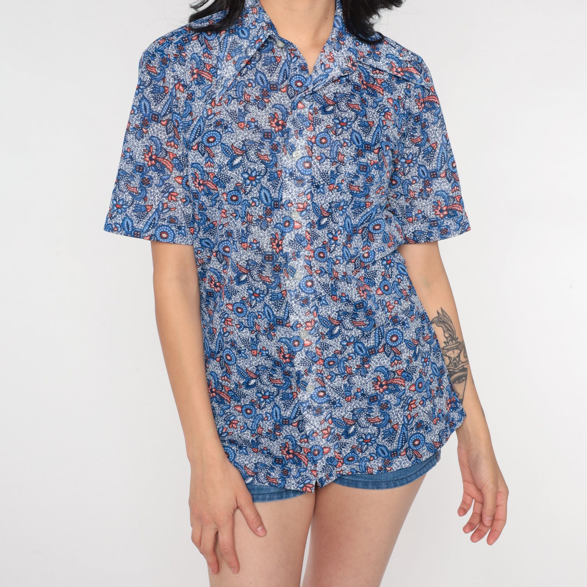 70s Blue Floral Dagger Collar Button-Up Shirt Men's Small