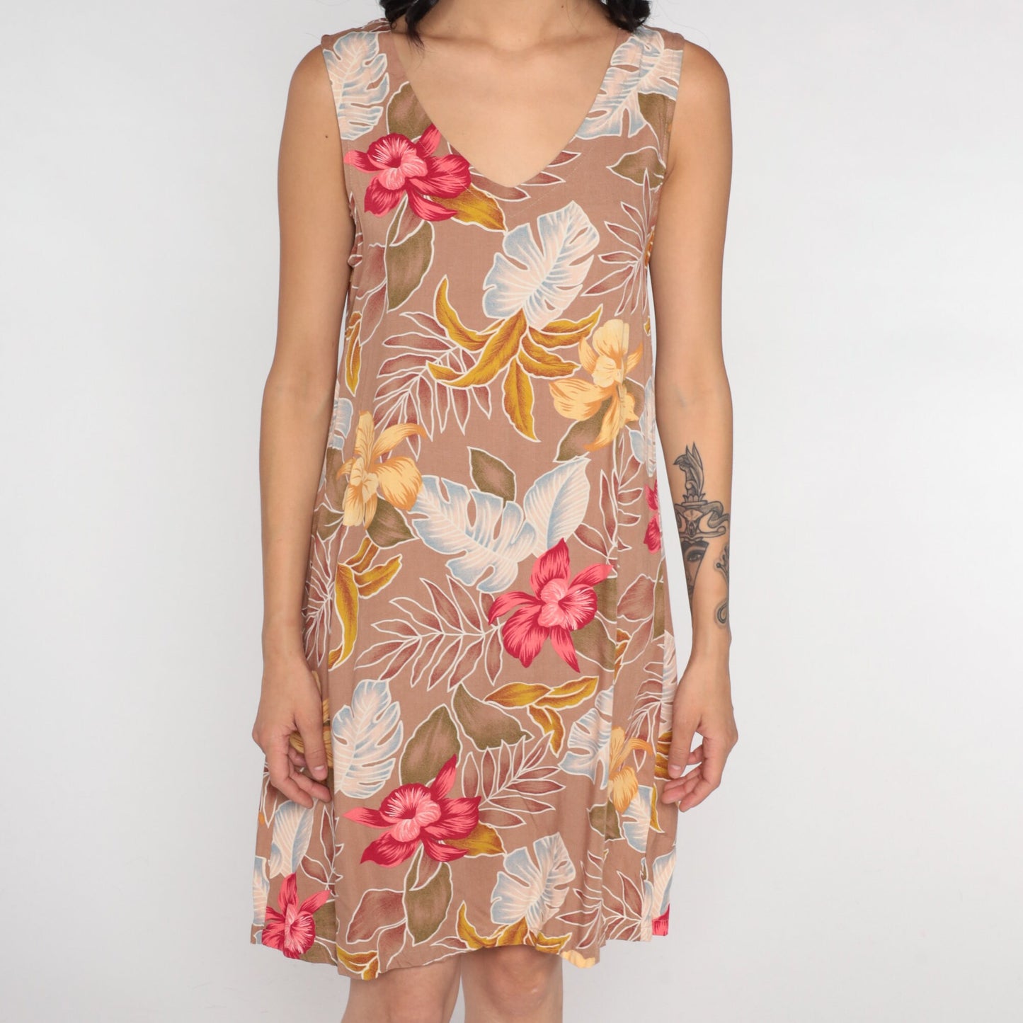 Y2K Tropical Floral Mini Dress Taupe Pink Rayon Sleeveless Medium