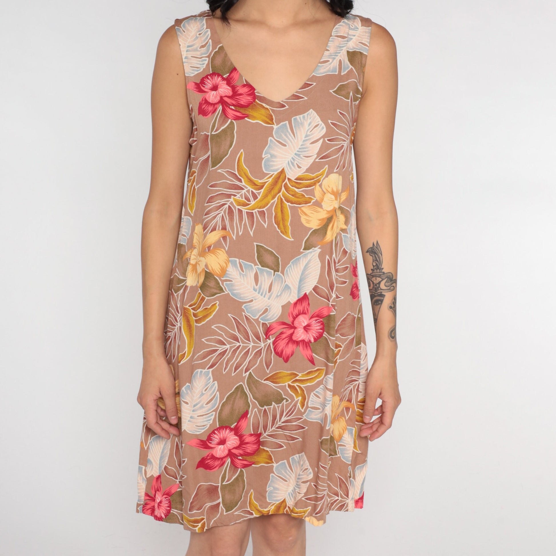 Y2K Tropical Floral Mini Dress Taupe Pink Rayon Sleeveless Medium