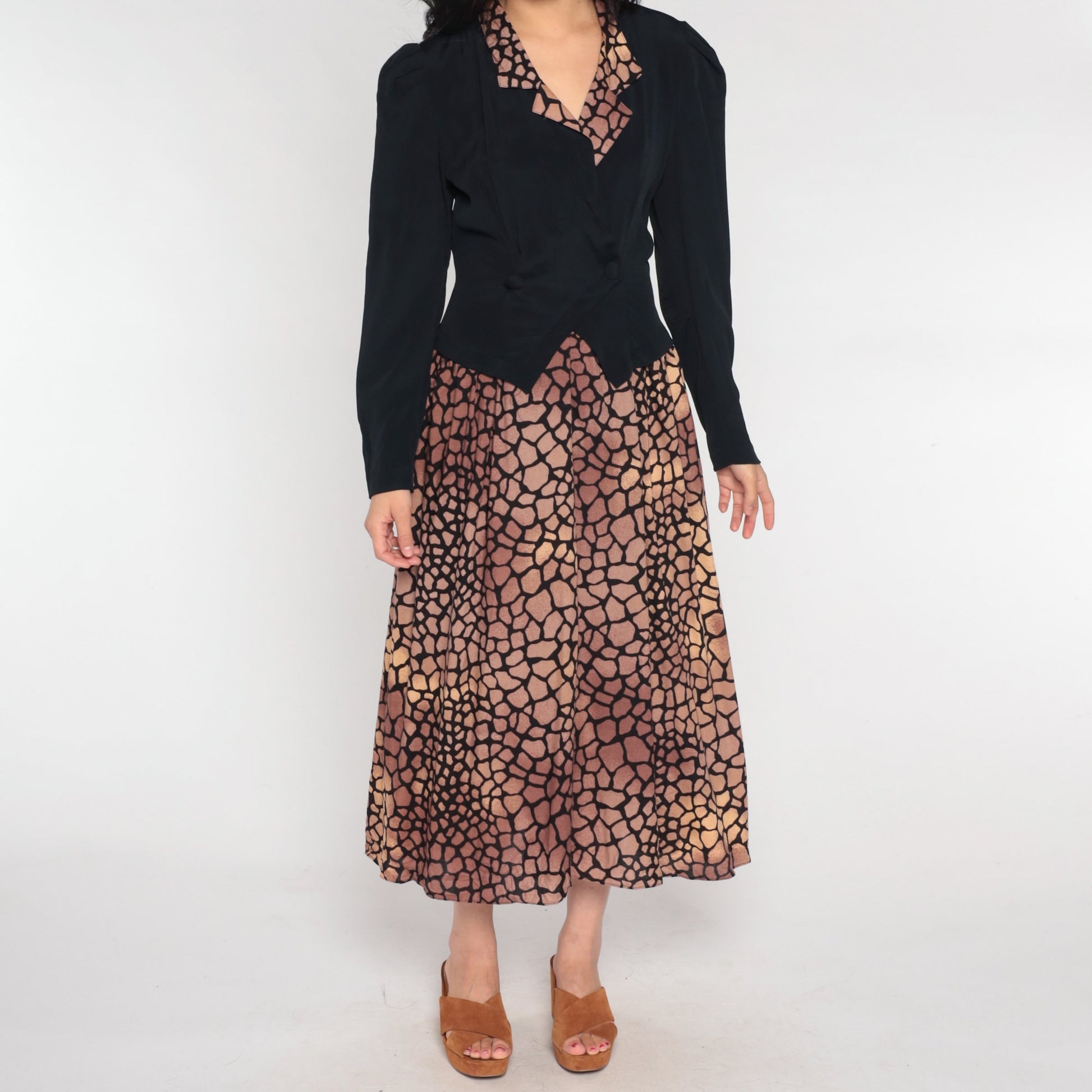 90s Visionz Midi Dress with Attached Blazer Black Brown Scale Print Puff Sleeve Small
