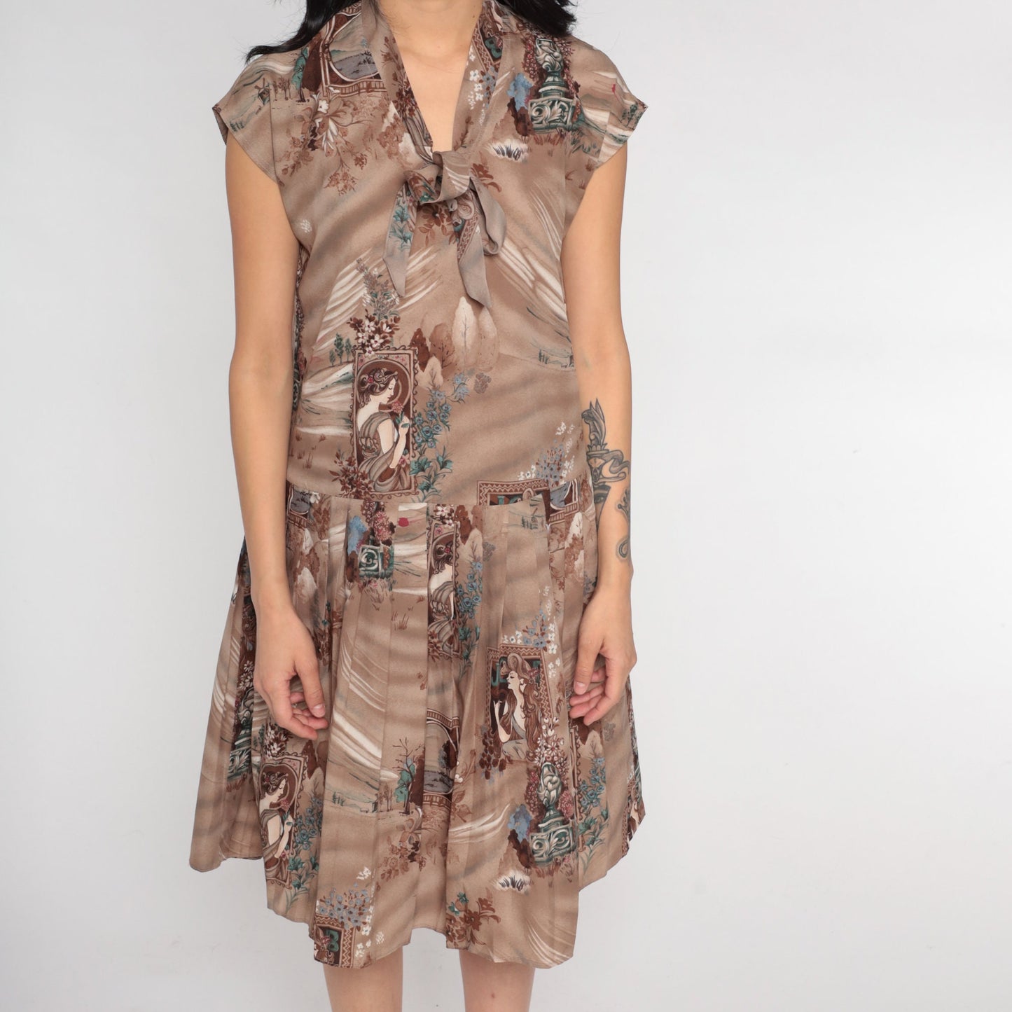 70s Art Nouveau Floral Mini Dress Brown Ascot Bow Cap Sleeve Small