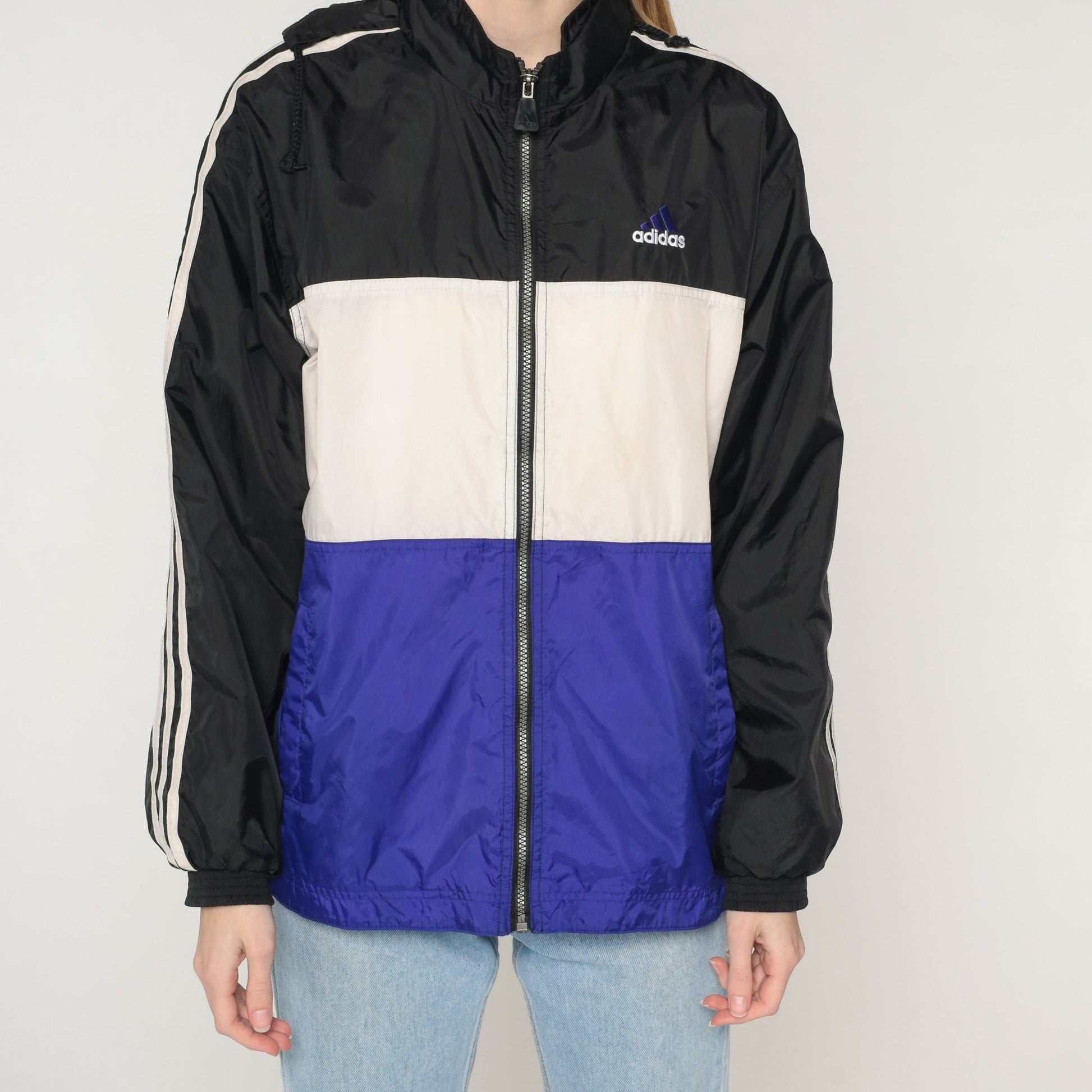 Y2K Adidas Windbreaker Jacket Black White Purple Striped Colour Block 2XL
