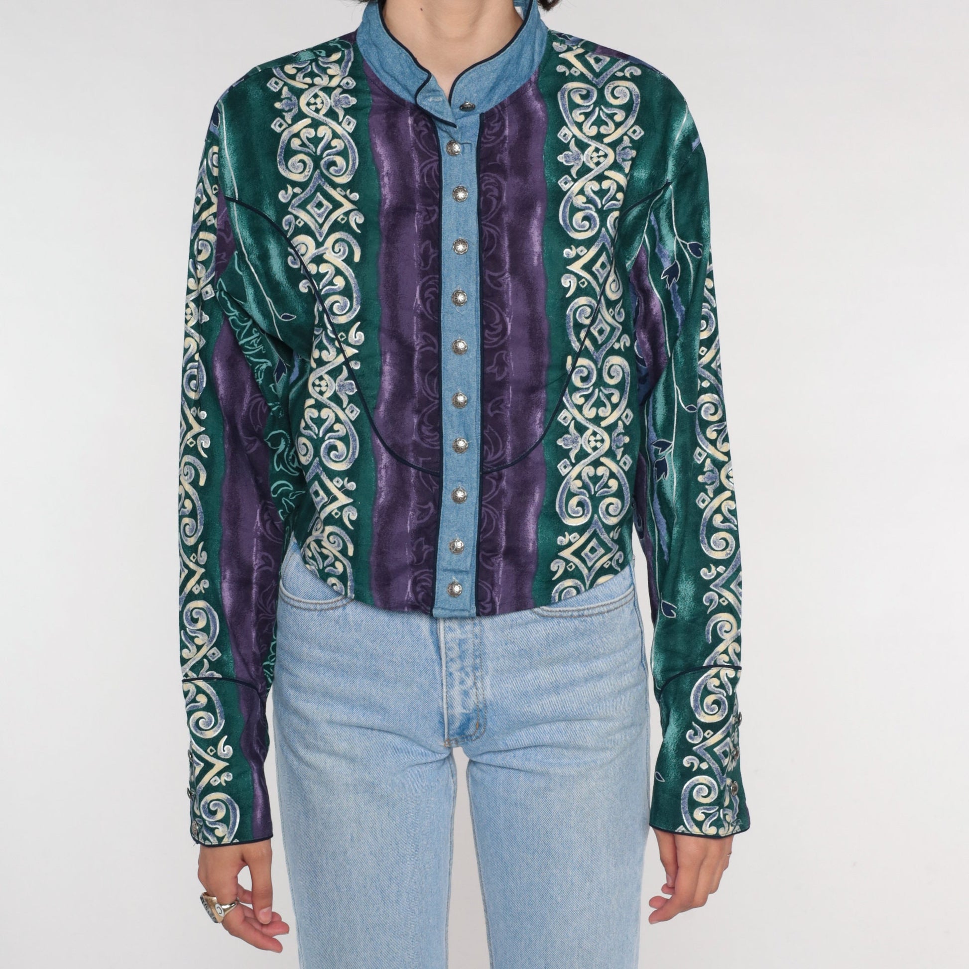 90s Wrangler Abstract Striped Button Up Blouse Long Sleeve High Neck Cotton Large