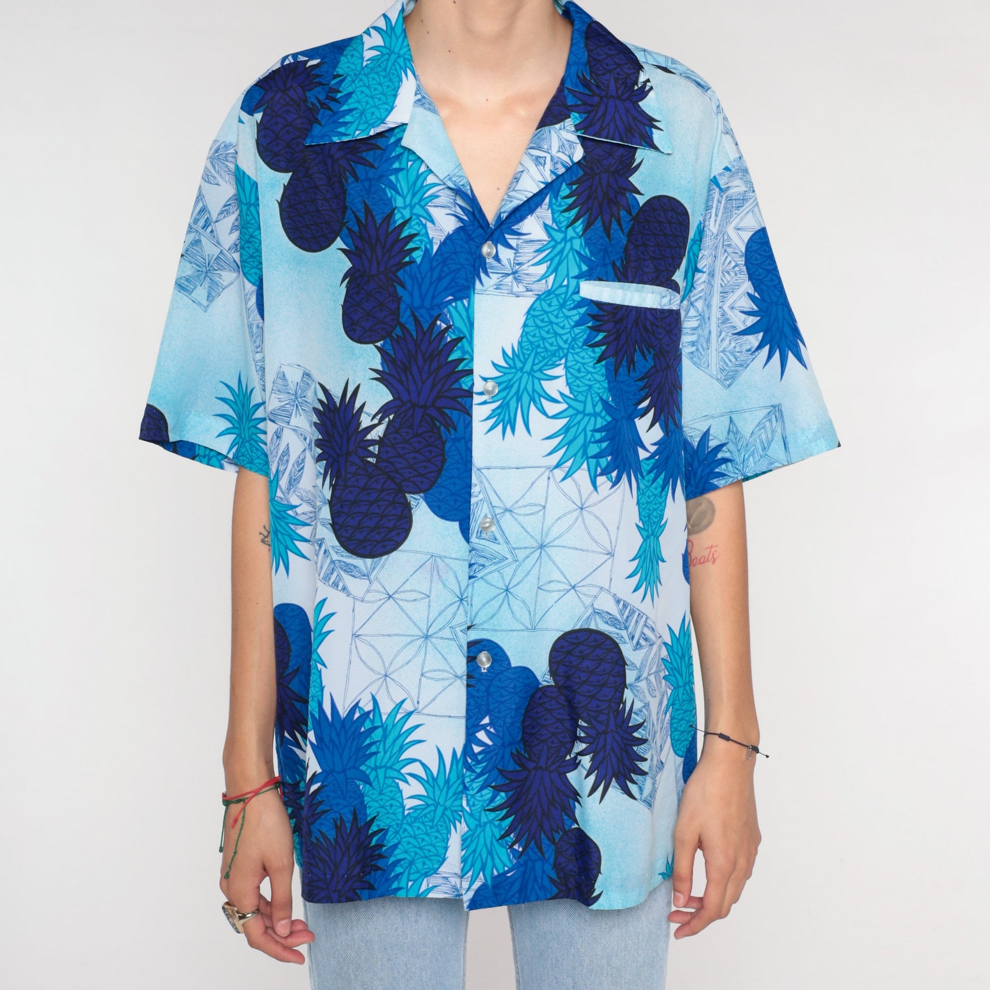 70s Blue Pineapple Tropical Button Up Shirt Short Sleeve Men's Large