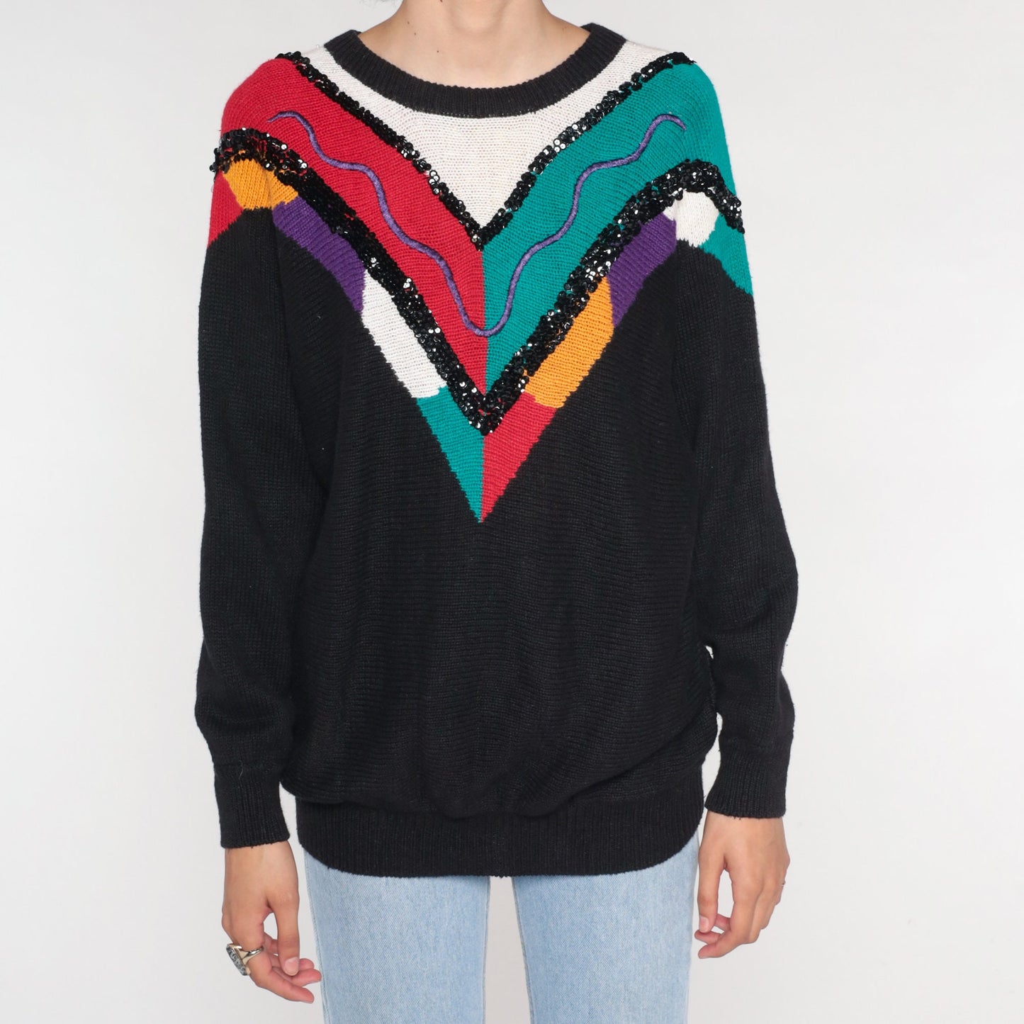 90s Black Sequin Chevron Knit Sweater Embroidered Squiggle Cotton Ramie Extra Large