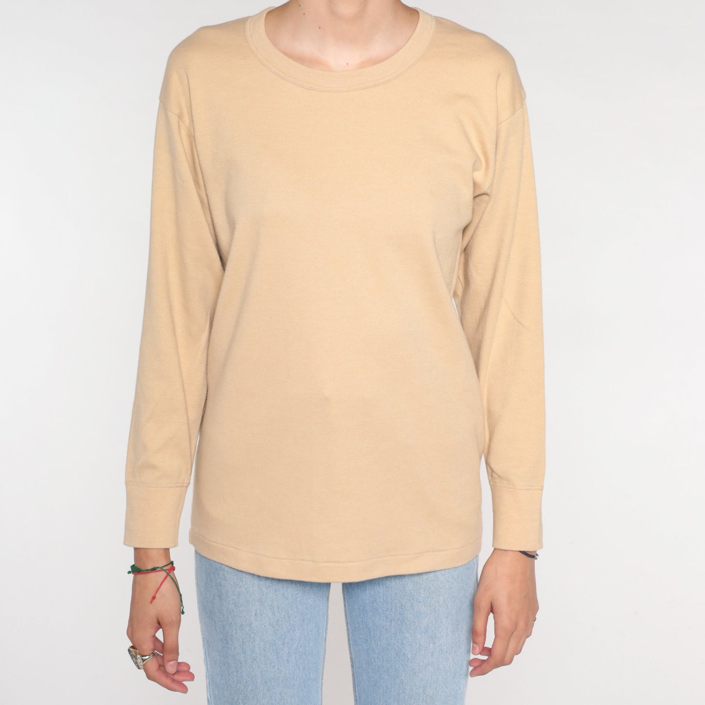 00s Tan Long Sleeve T-Shirt Plain Crewneck Cotton Blend Large L