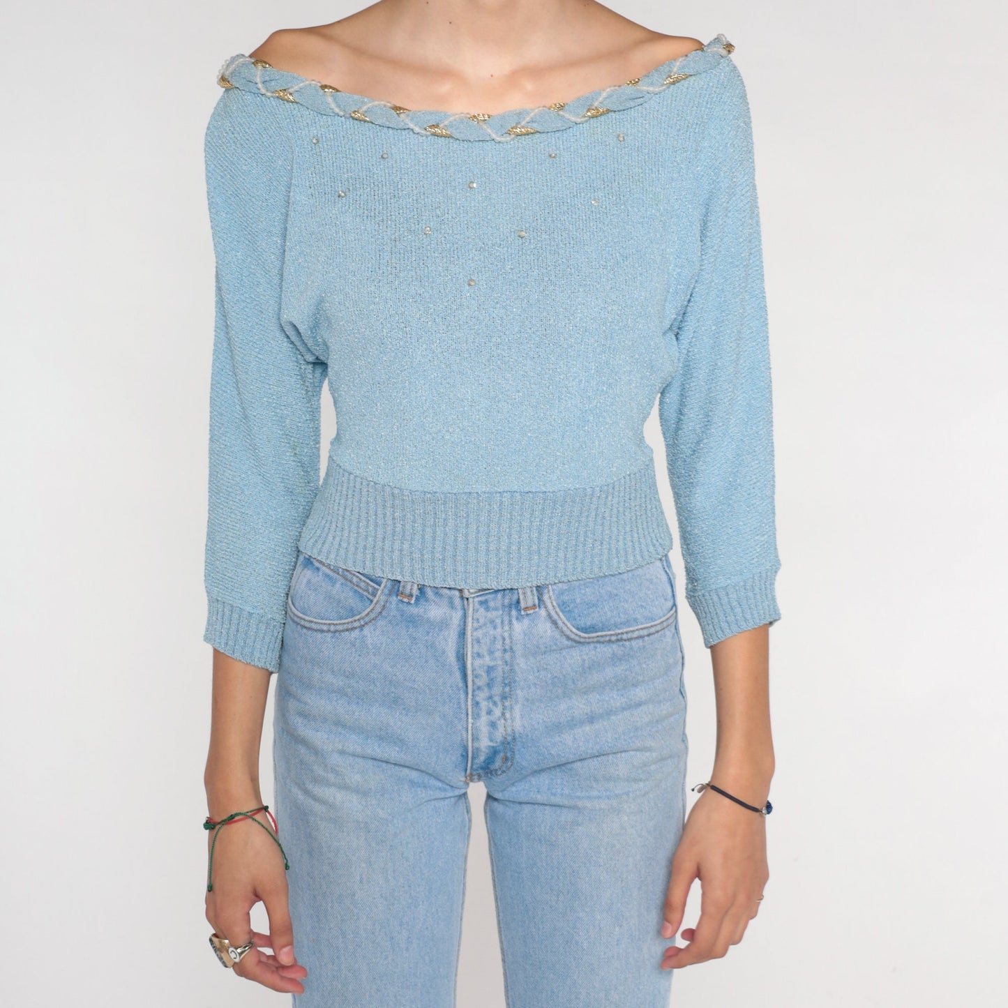 70s Dusty Blue Knit Sweater Off-Shoulder Sequin Beaded Pullover Small S