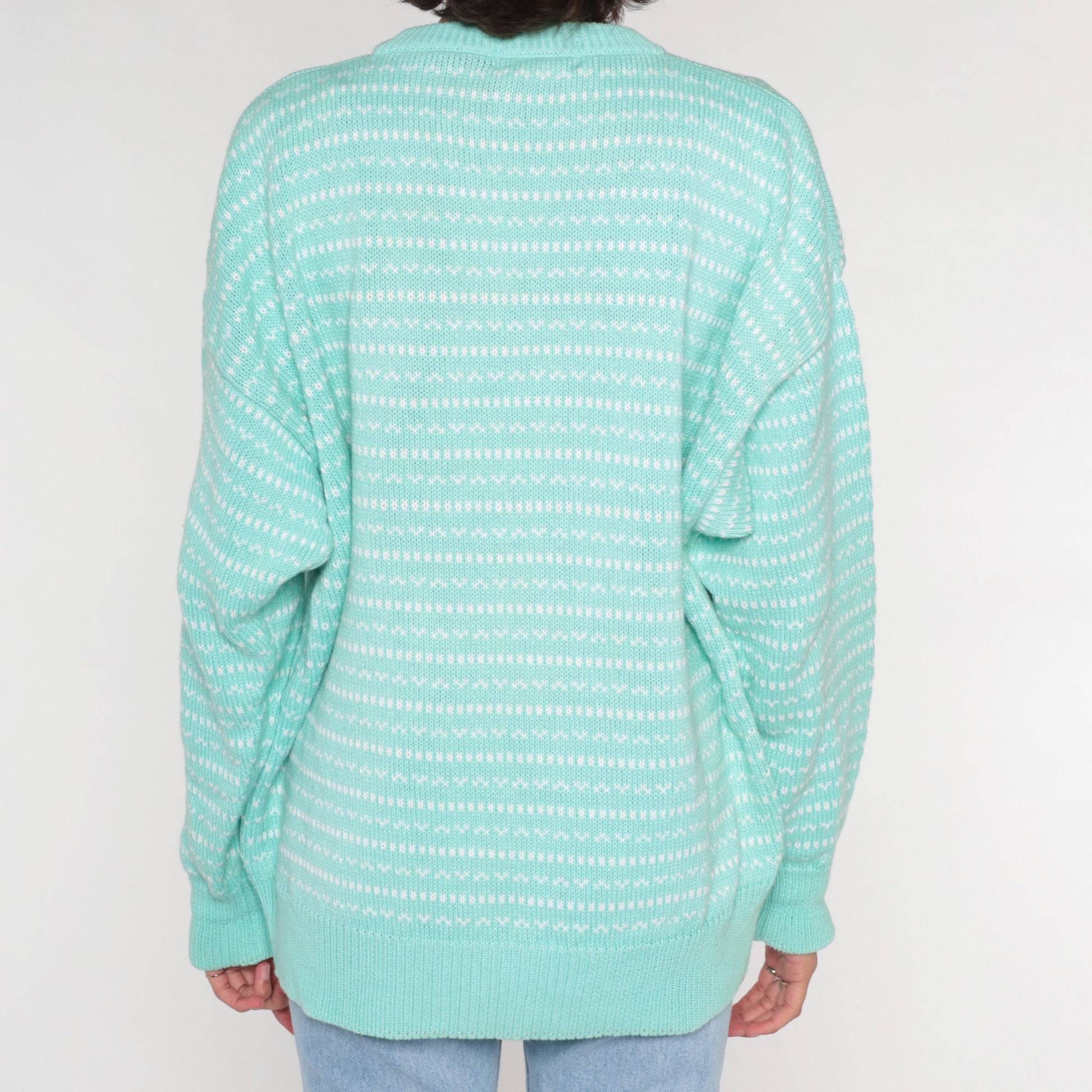 90s Eddie Bauer Seafoam Striped Knit Sweater Crewneck Cotton Medium