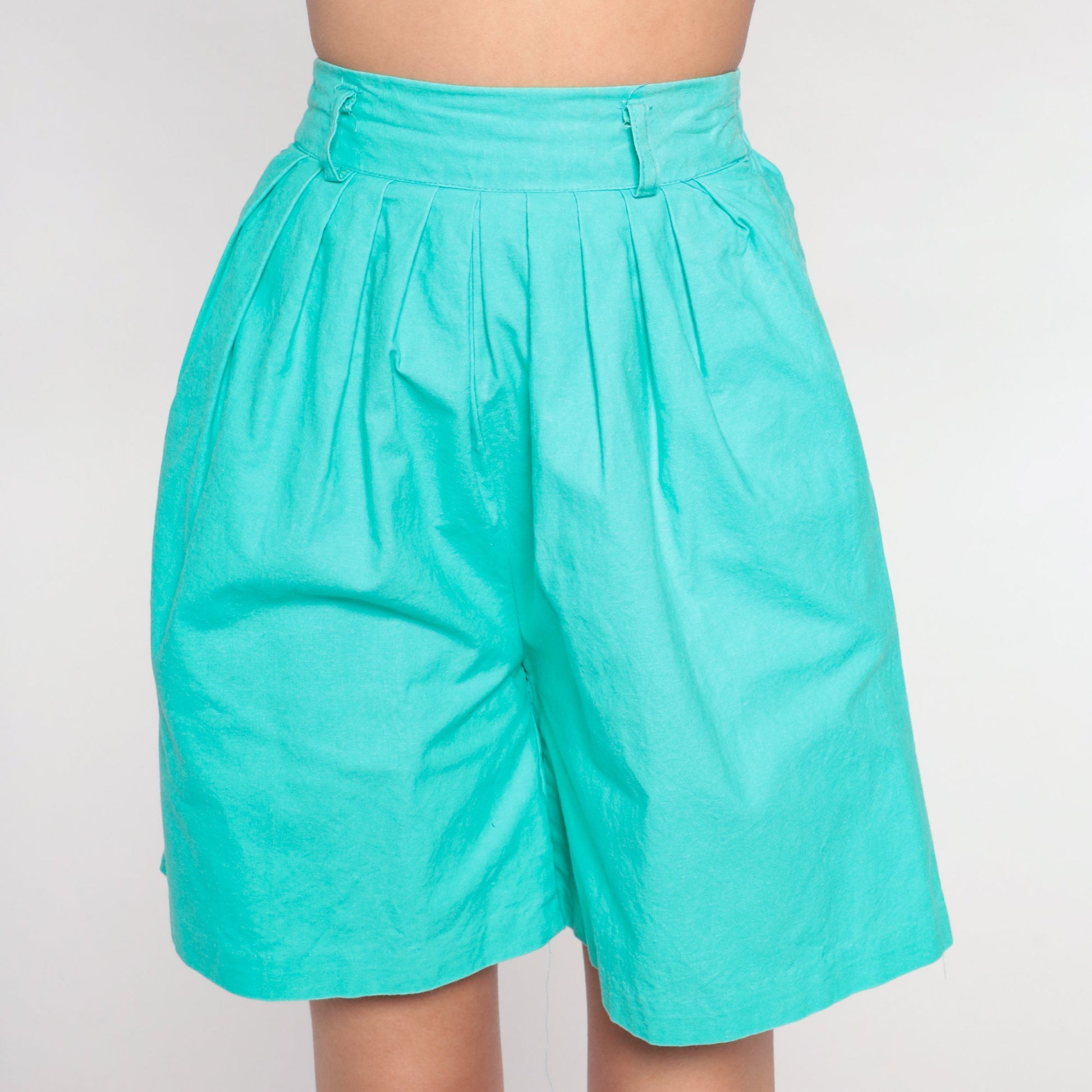 90s Turquoise Pleated High-Waisted Shorts Cotton Preppy Extra Small XS