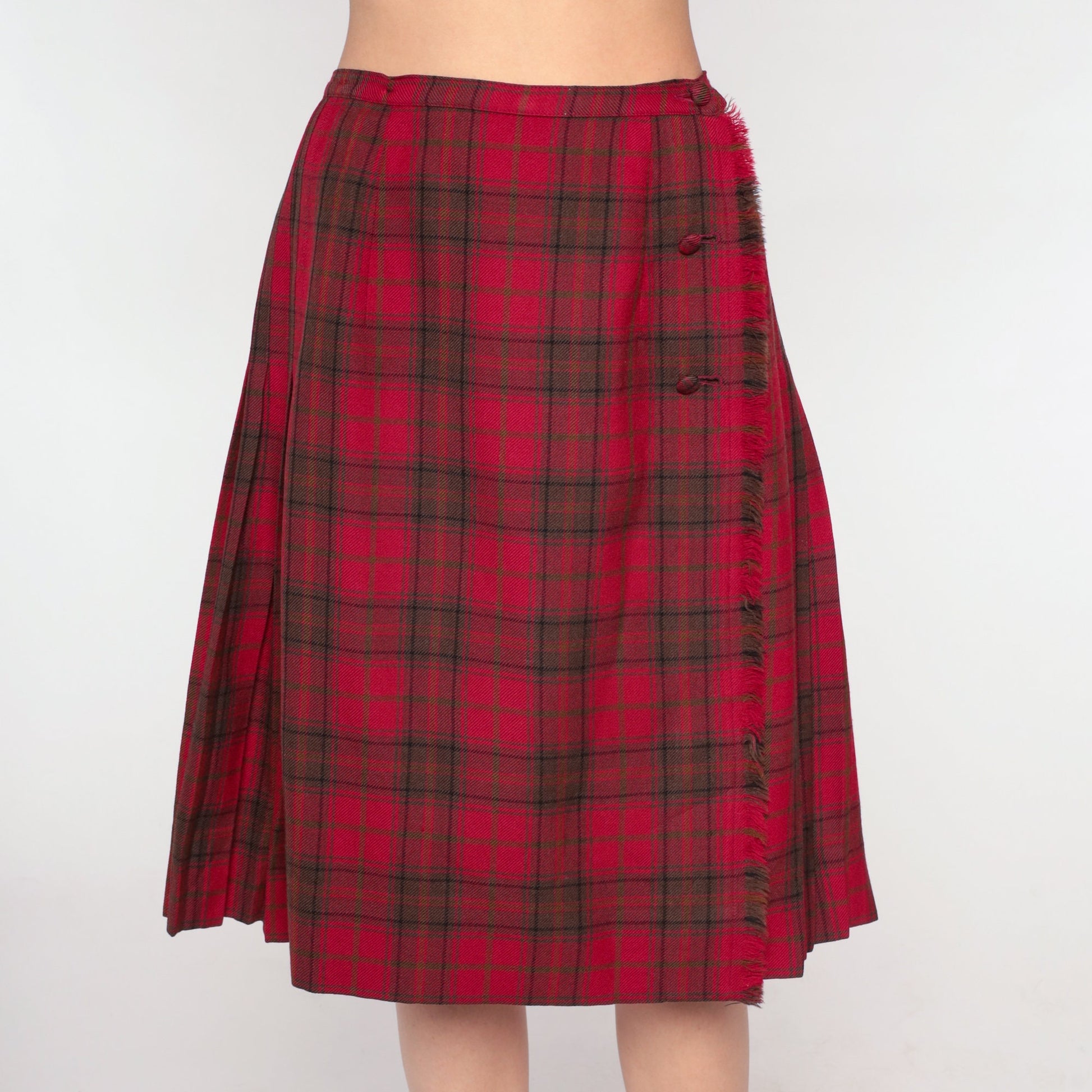 70s Scottish Tartan Wool Midi Skirt Red Plaid Pleated High Waist Small