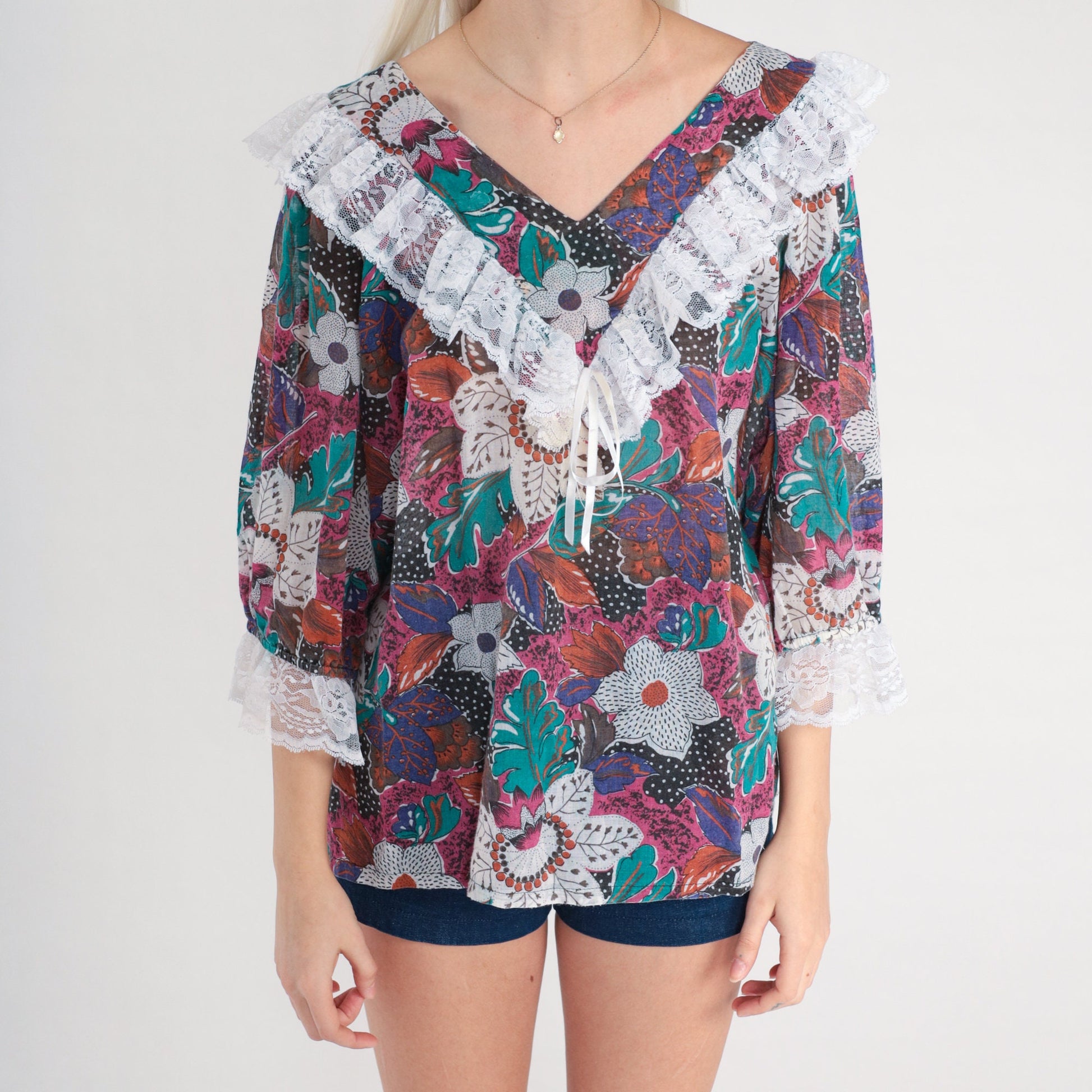 80s Floral Lace Blouse V-Neck Ruffle Tropical Print 3/4 Sleeve Large L