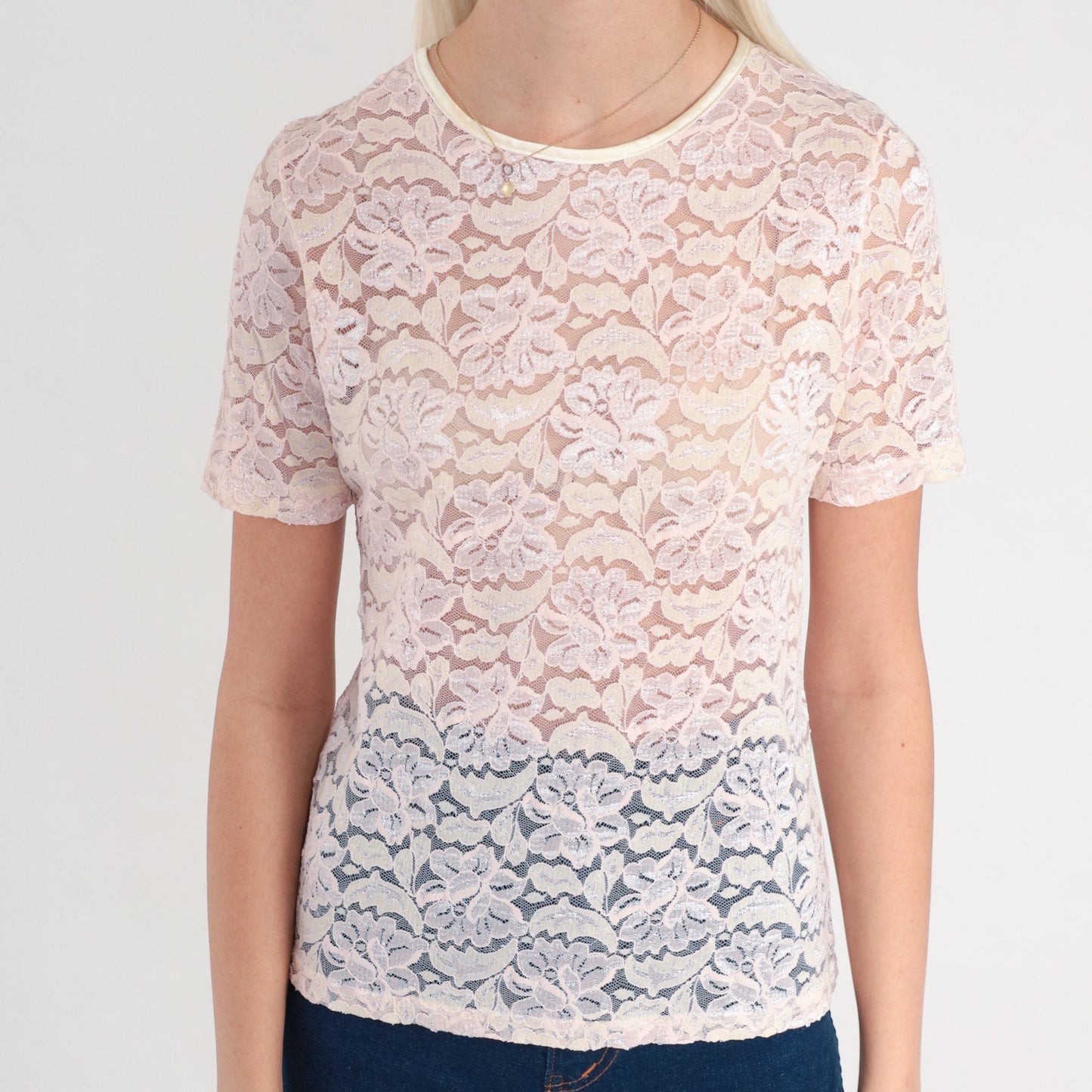80s Sheer Lace Floral Shirt Baby Pink White Short Sleeve Blouse Medium