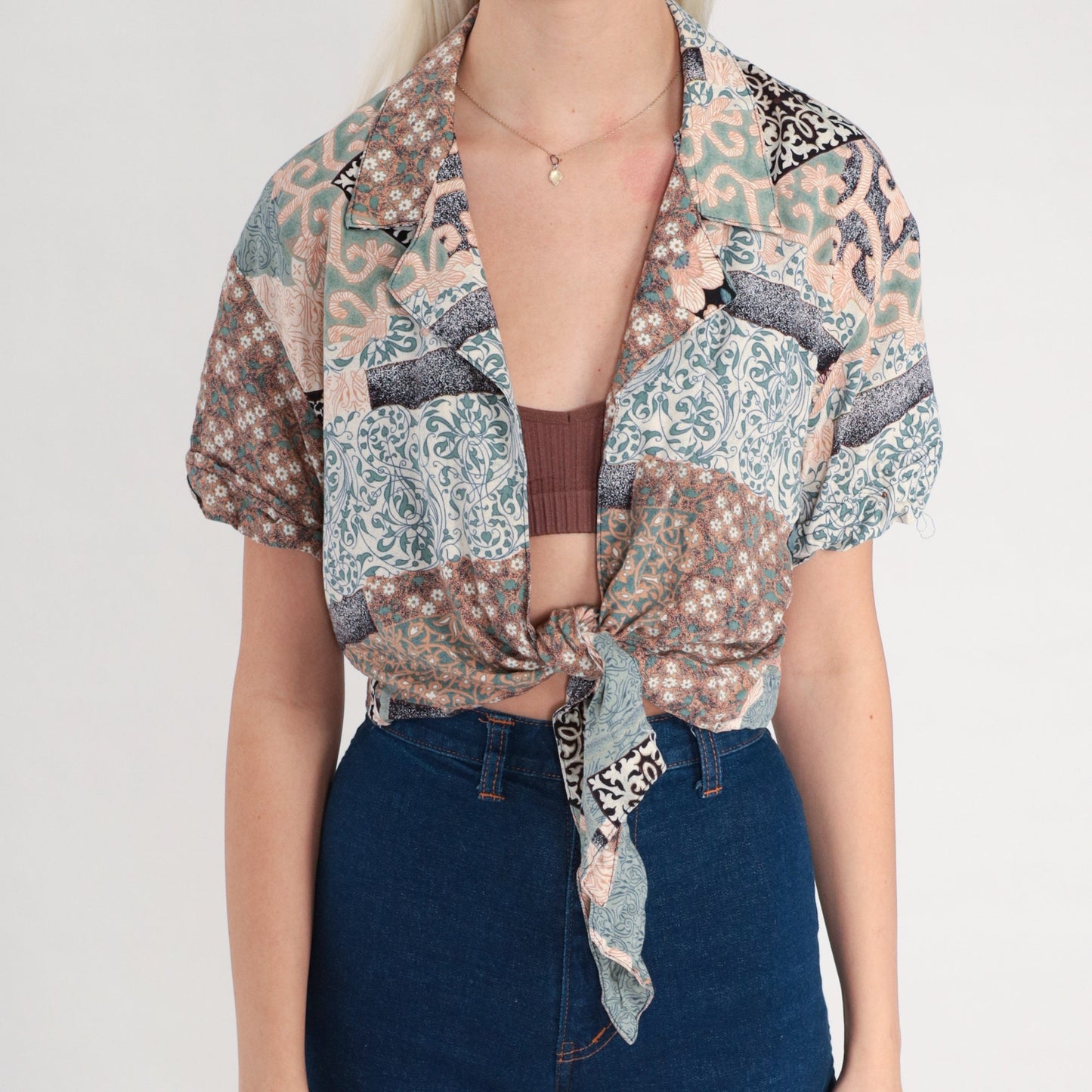 90s Patchwork Floral Crop Top Tie Waist Open Front Rayon Blouse Small