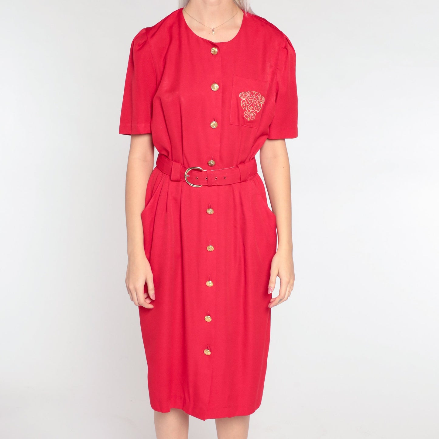 90s Red Midi Shirtdress Gold Crest Pocket Puff Sleeve Button Up Small
