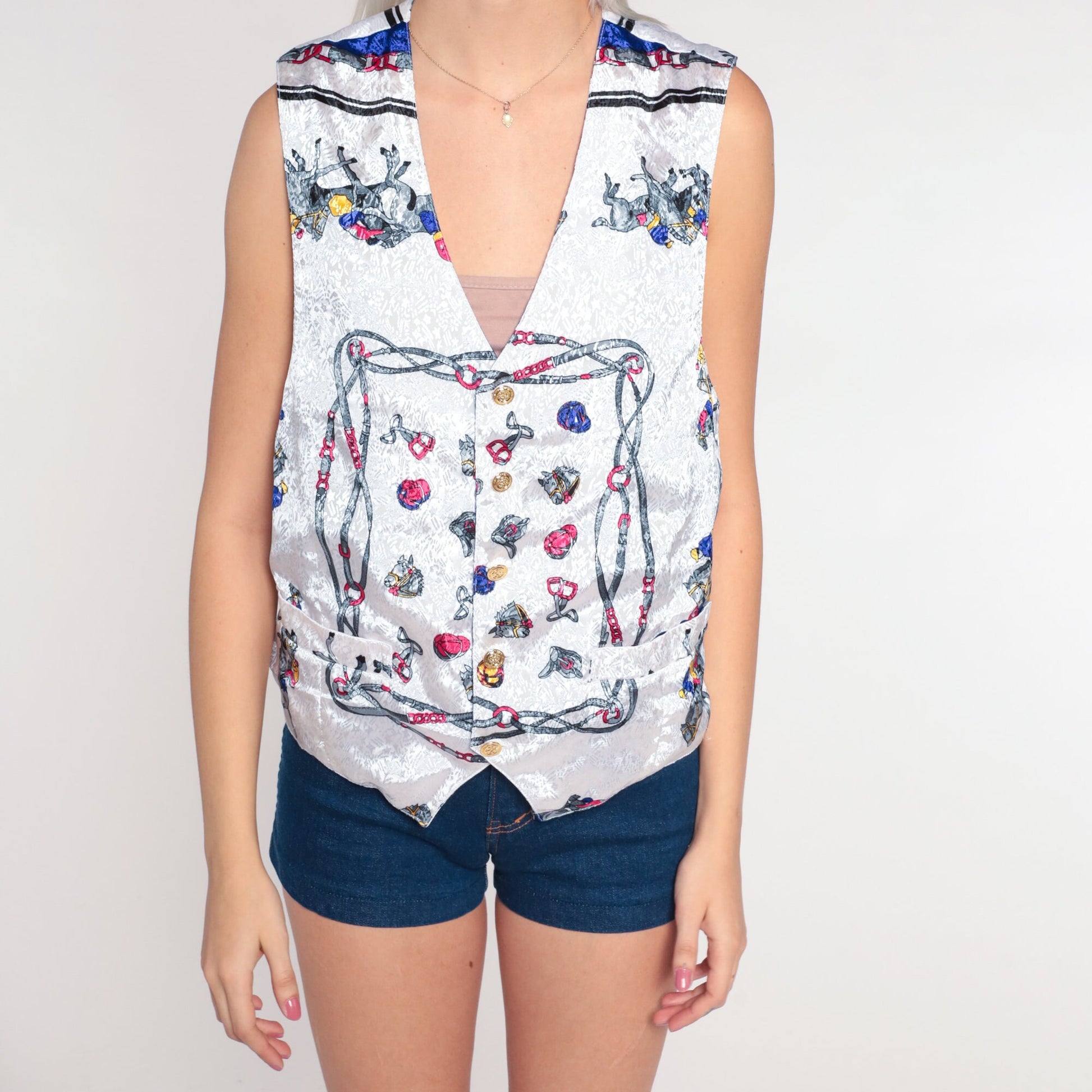 90s Baroque Horse Embossed Vest Equestrian Print Sleeveless White Medium Large